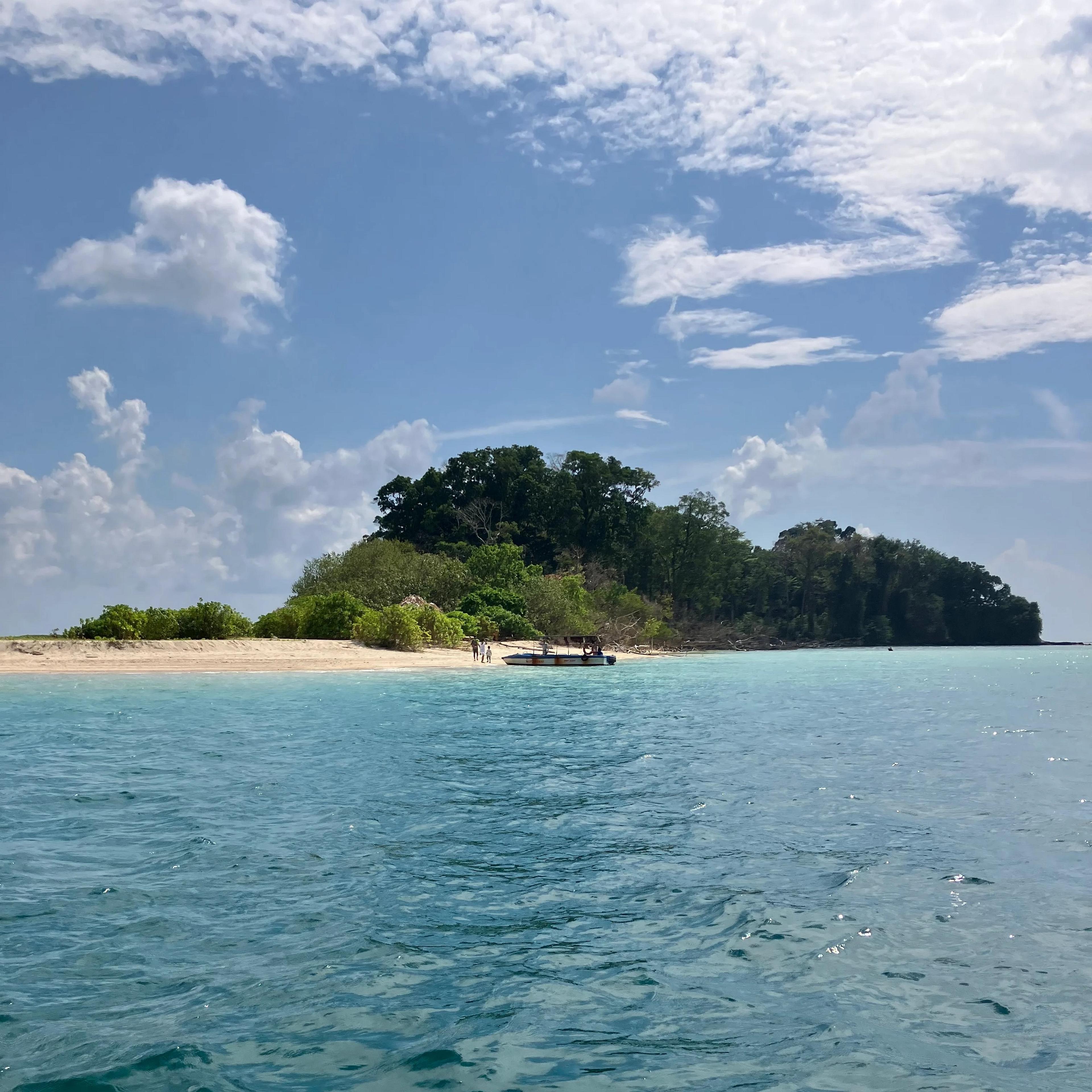 A tranquil view of a small, lush island with sandy shores and turquoise waters somewhere in the Andaman Islands.