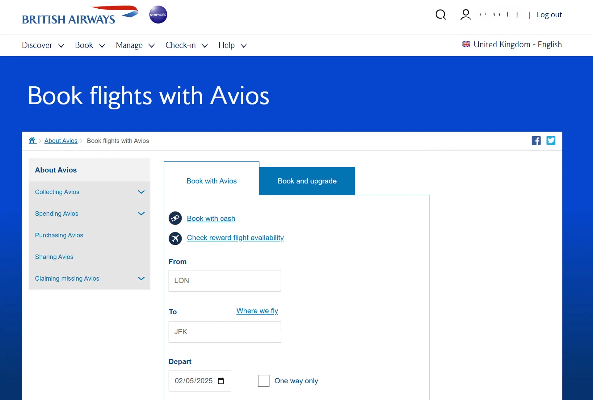 Book flights with Avios screen