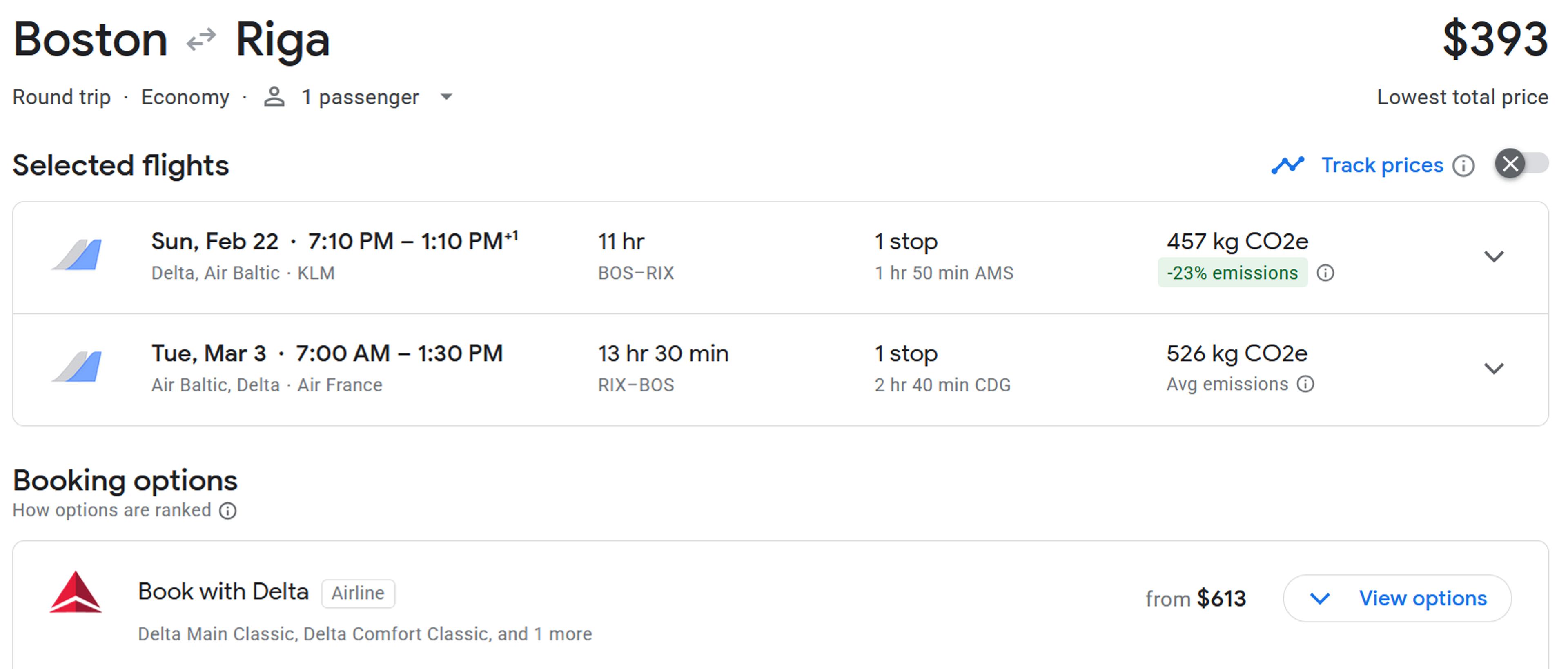 A screenshot from Google Flights presents round-trip options between Boston and Riga, with details on flight duration, stops in Amsterdam and Paris, and environmental impact.