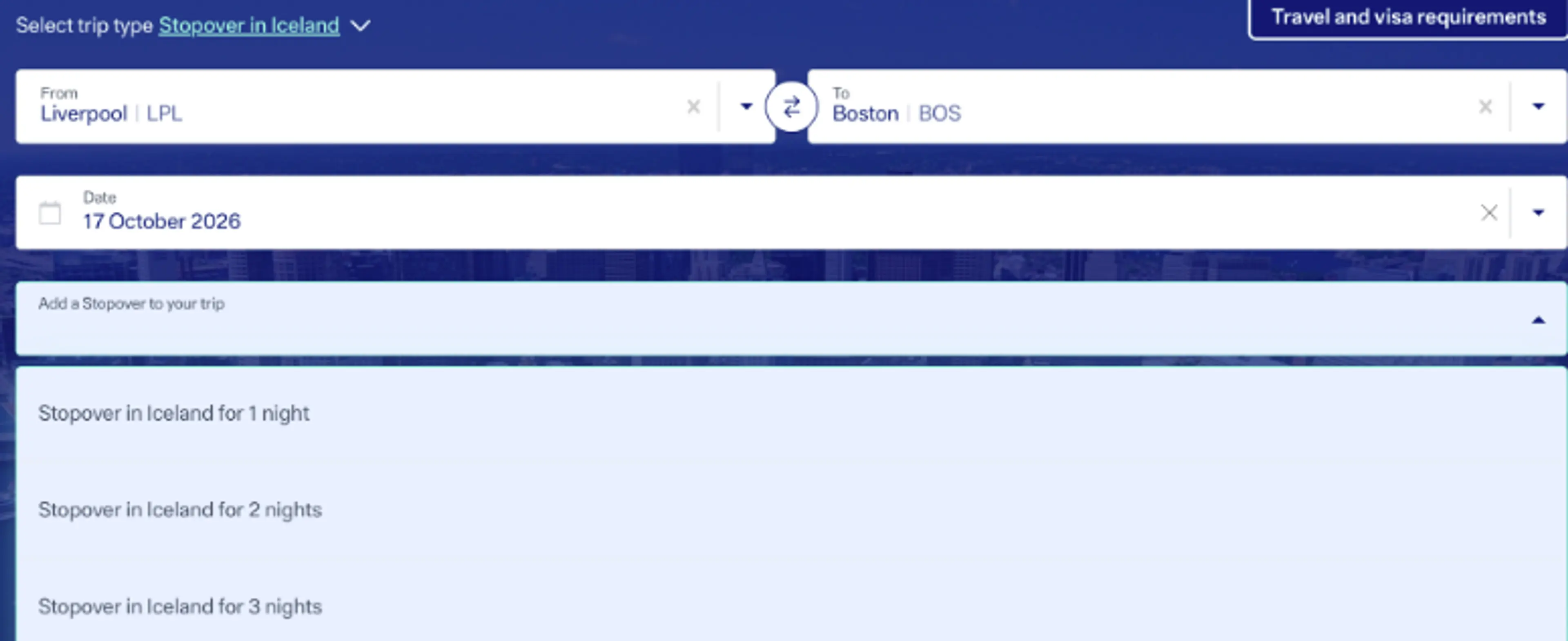 A flight booking interface displays a trip from Liverpool (LPL) to Boston (BOS) with options for a stopover in Iceland.