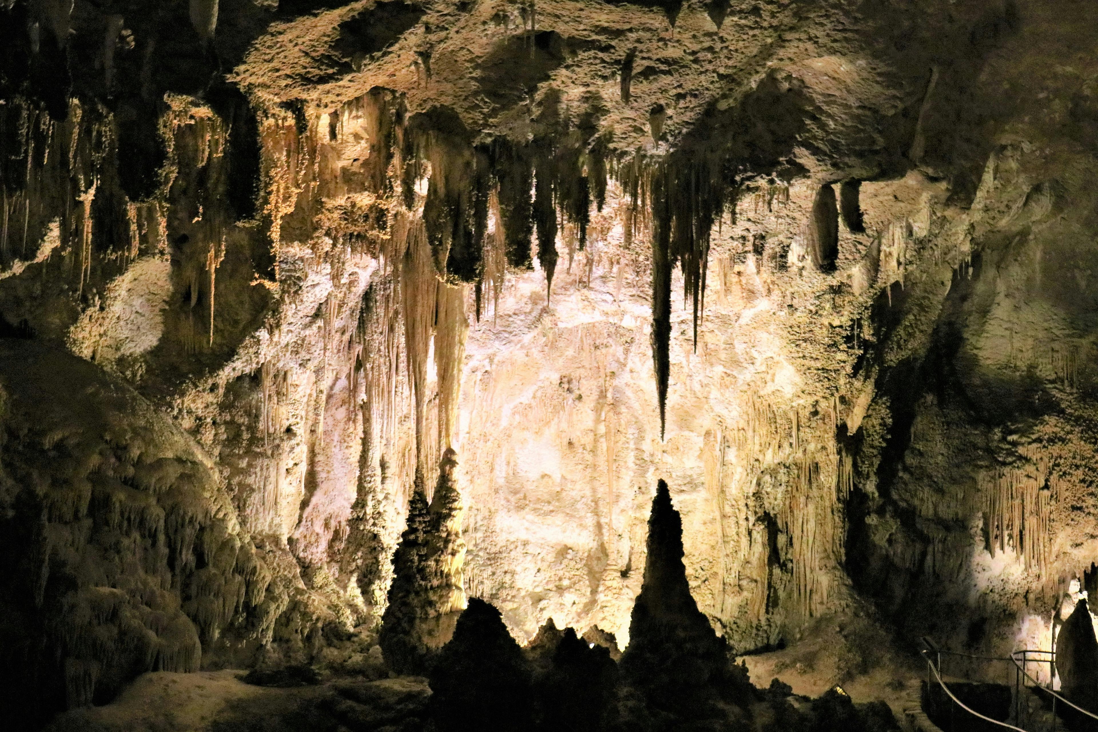 Majestic stalactites and stalagmites adorn the illuminated chambers of Carlsbad Caverns in New Mexico.