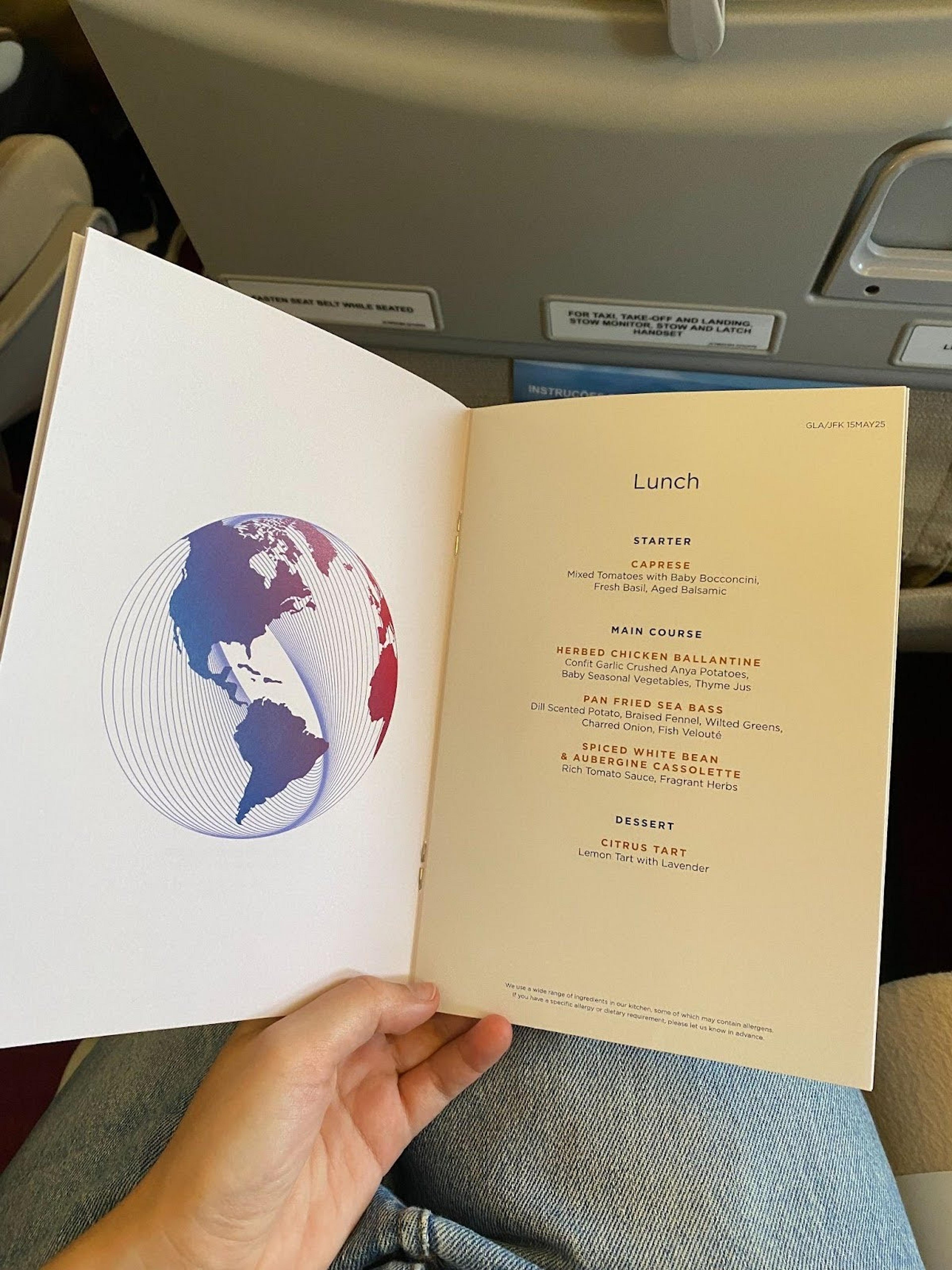Global Airlines branded lunch menu