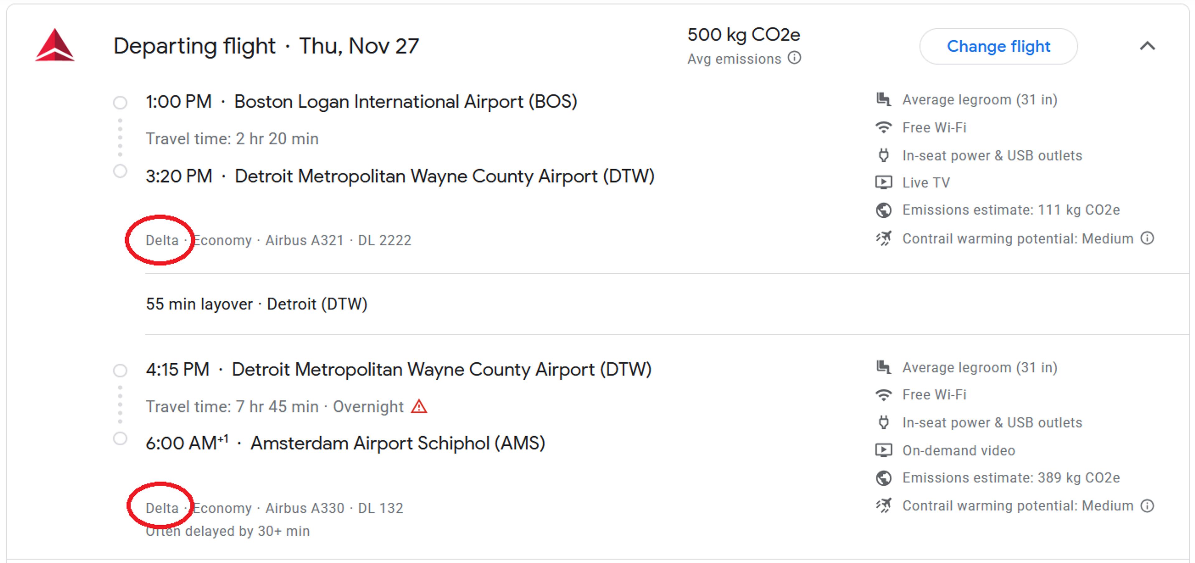 A flight itinerary details a journey from Boston Logan International Airport to Amsterdam Airport Schiphol with a layover at Detroit Metropolitan Wayne County Airport, operated by Delta.