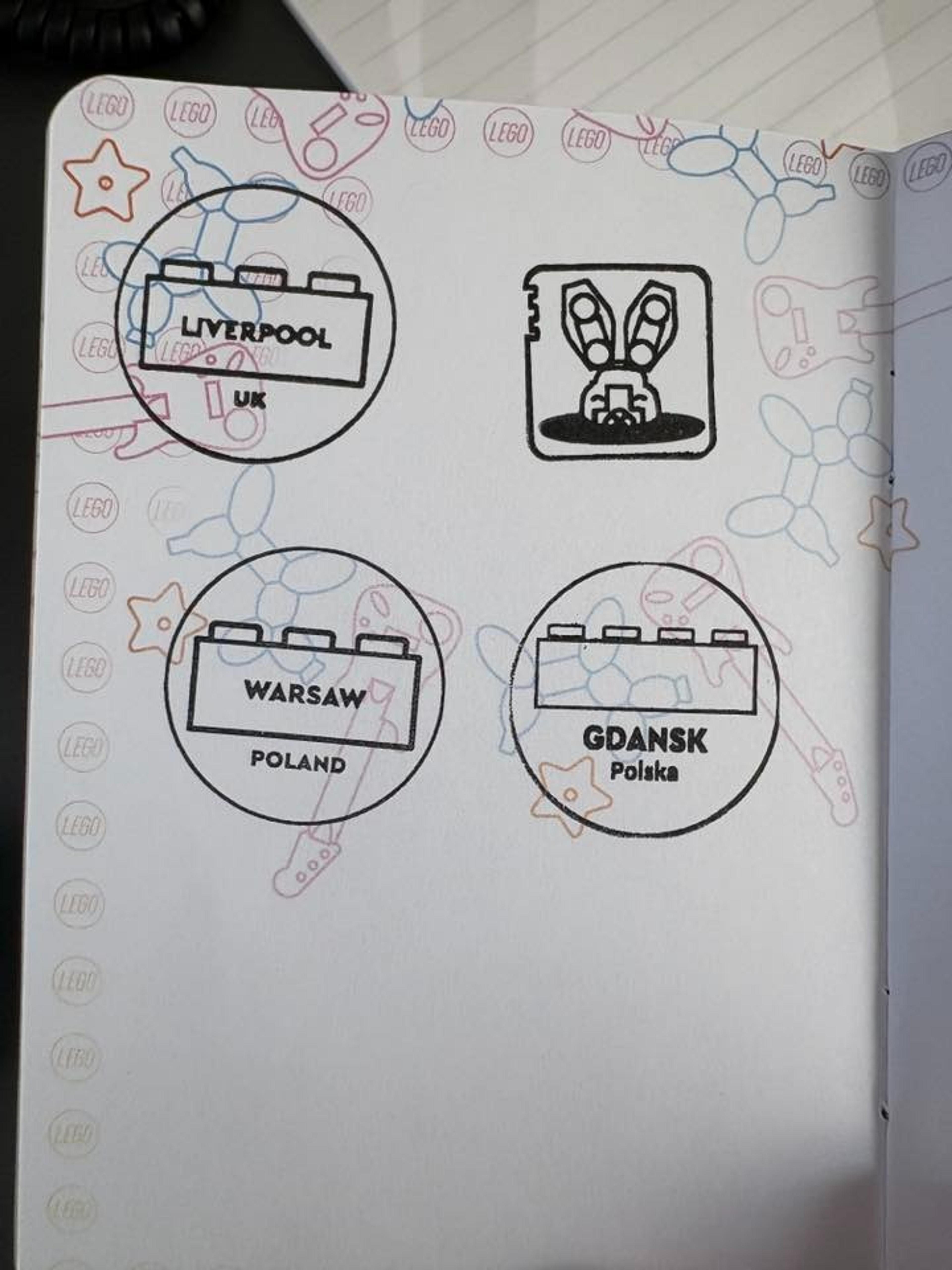 A collection of LEGO-themed stamps featuring Liverpool in the UK, and Warsaw and Gdańsk in Poland.