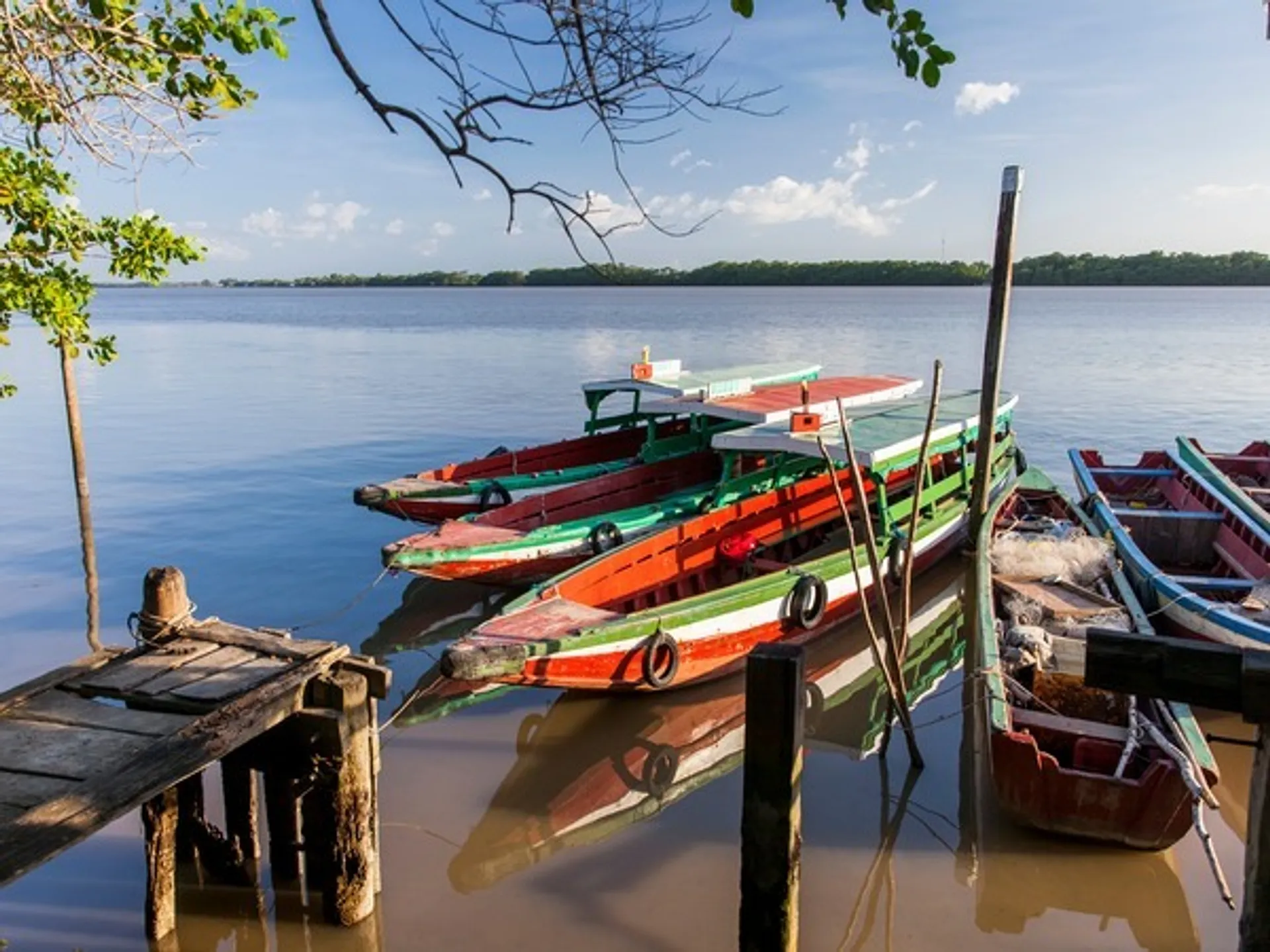 Colorful wooden boats are moored at a rustic dock along serene waters