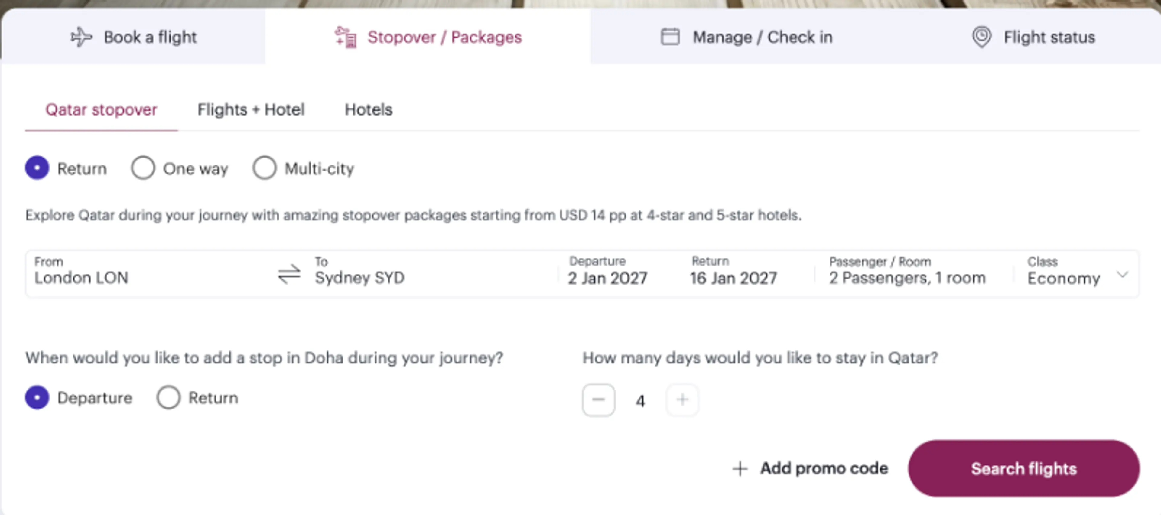 An online flight booking interface for a trip from London to Sydney with a stopover option in Doha.