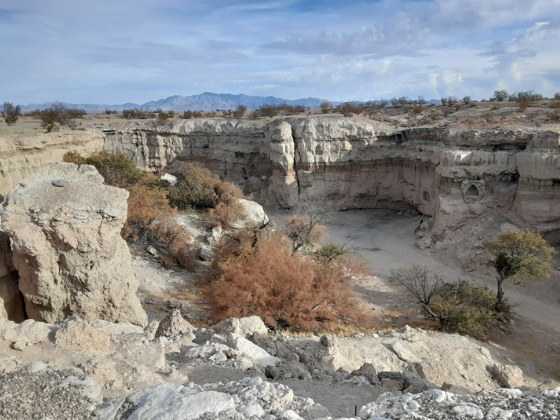 A rugged landscape of the desert cliffs and sparse vegetation