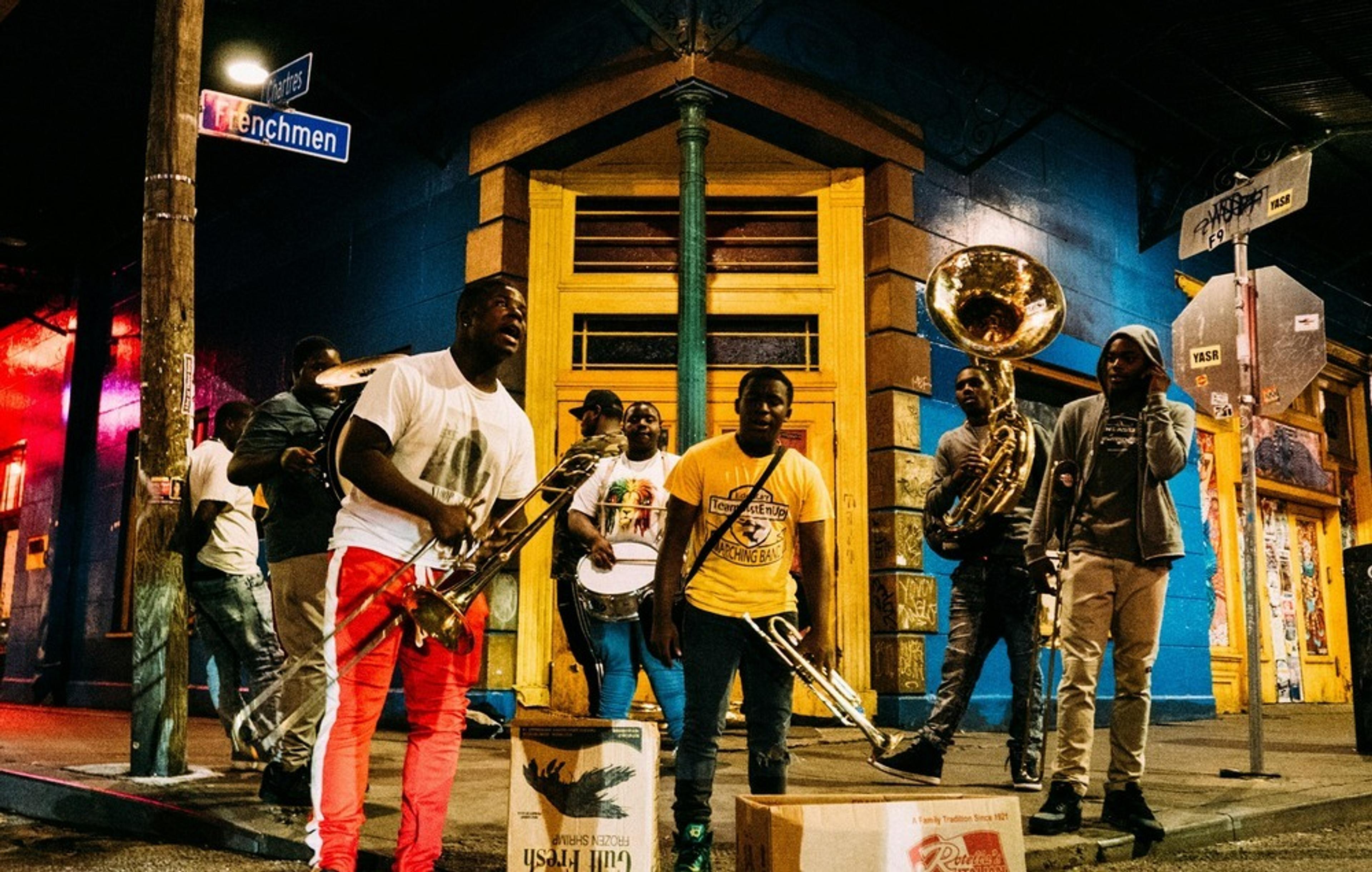 A jazz band performs on the street in Marigny