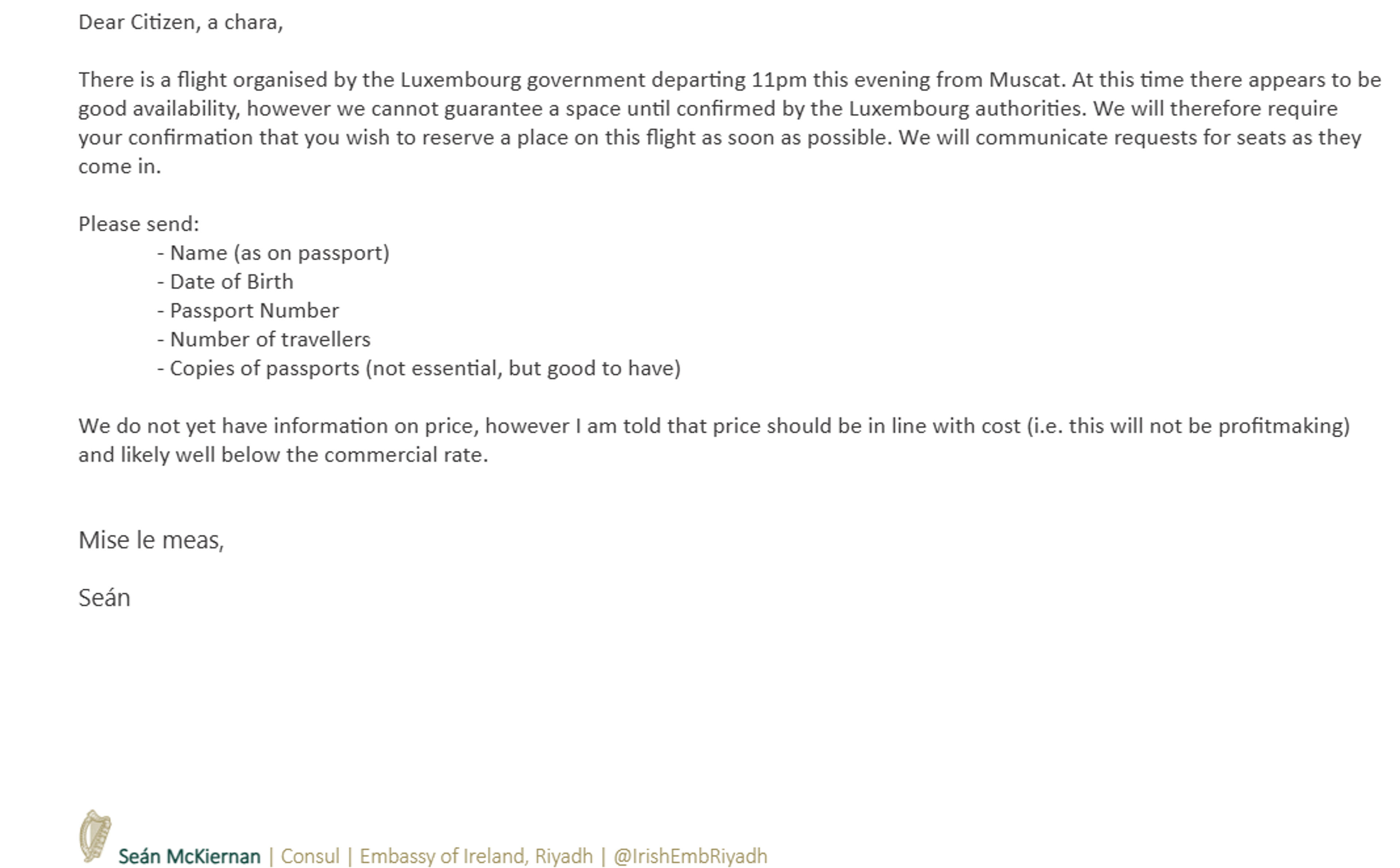 A letter from the Consul at the Embassy of Ireland in Riyadh provides details about an available flight from Muscat, organized by the Luxembourg government.
