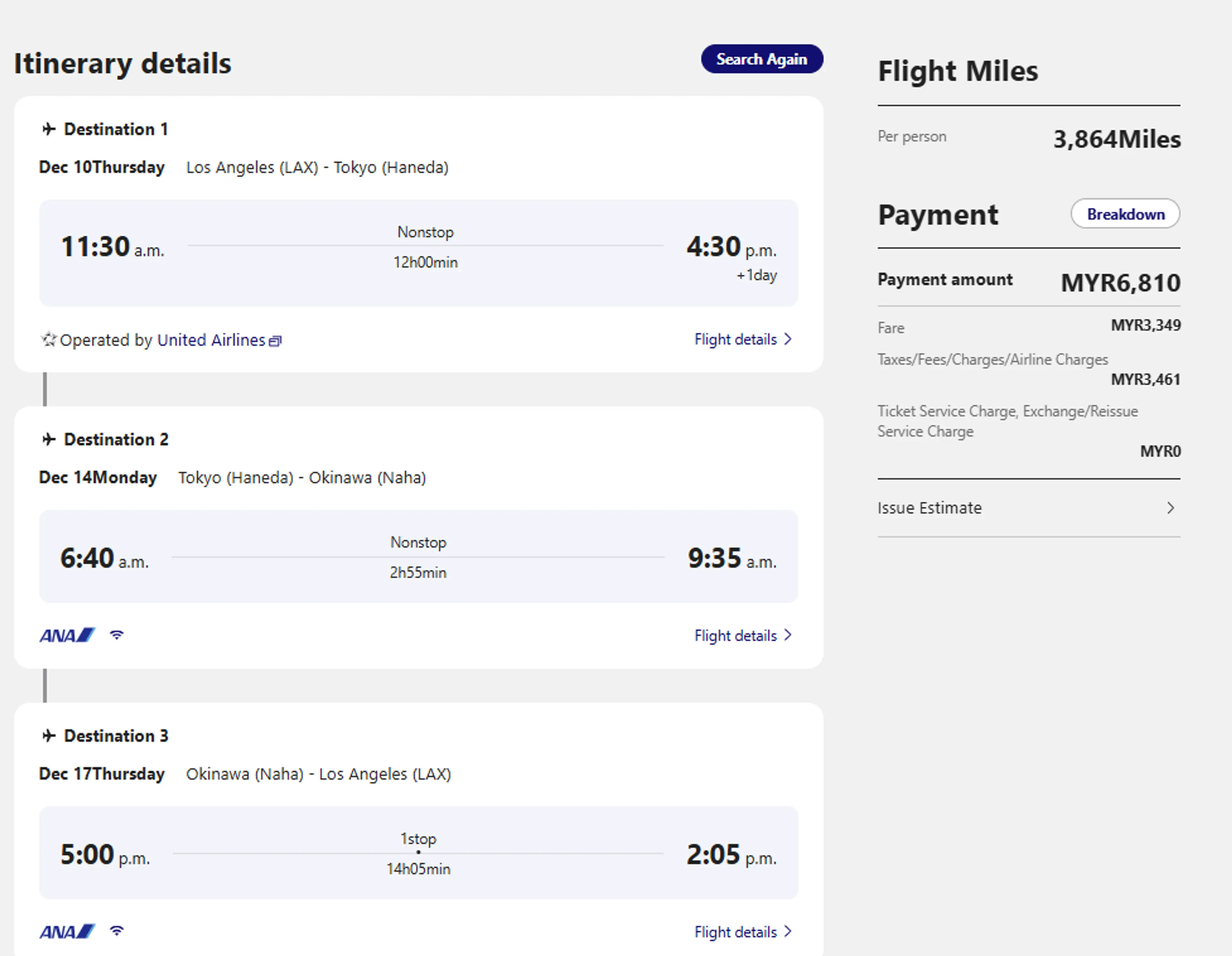 A flight itinerary details a multi-stop journey from Los Angeles to Tokyo, Okinawa, and back to Los Angeles, with a cost breakdown in Malaysian Ringgit.