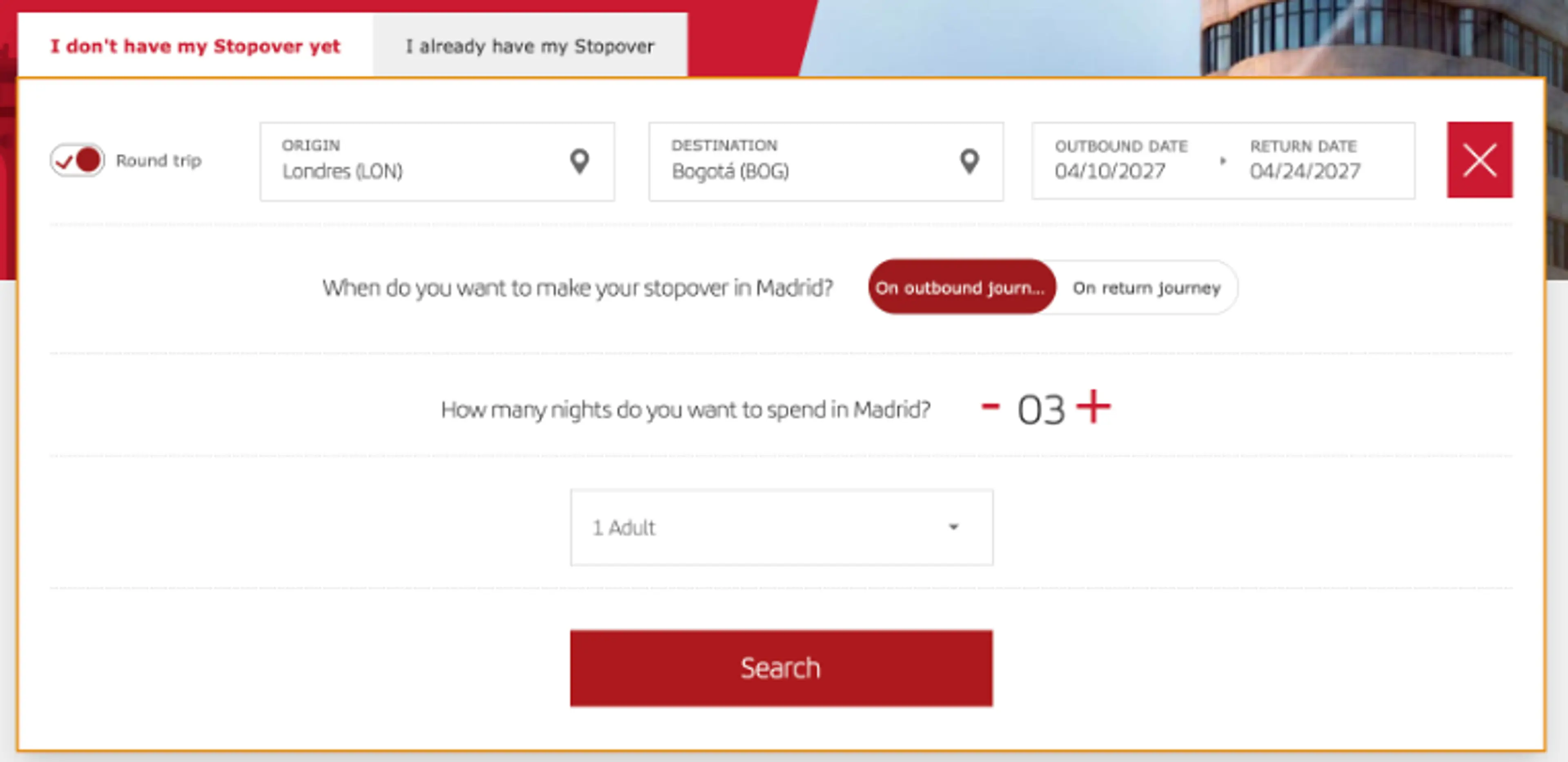 A flight booking interface for a stopover in Madrid displays options for a round trip from London to Bogotá.