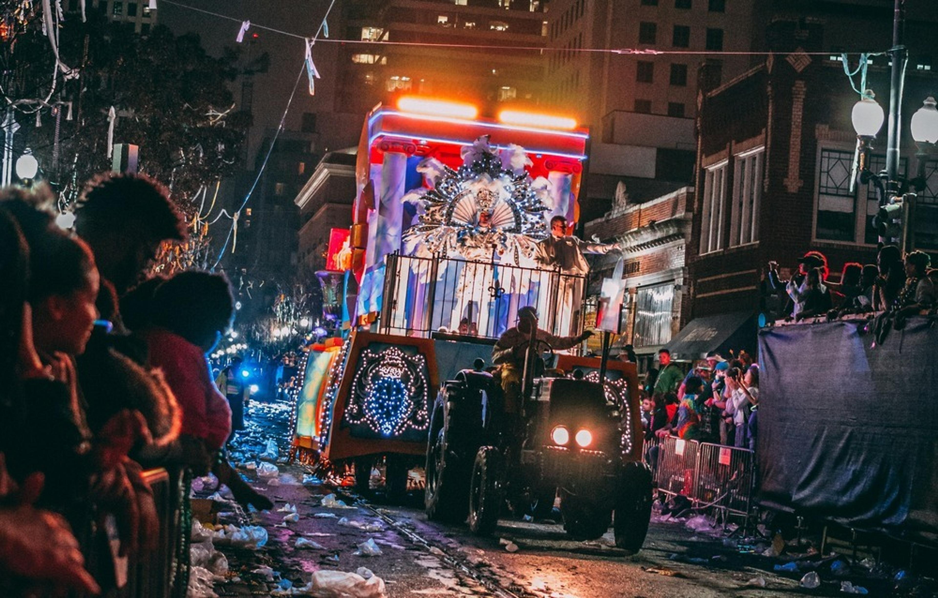 Mardi Gras parade float and festivities