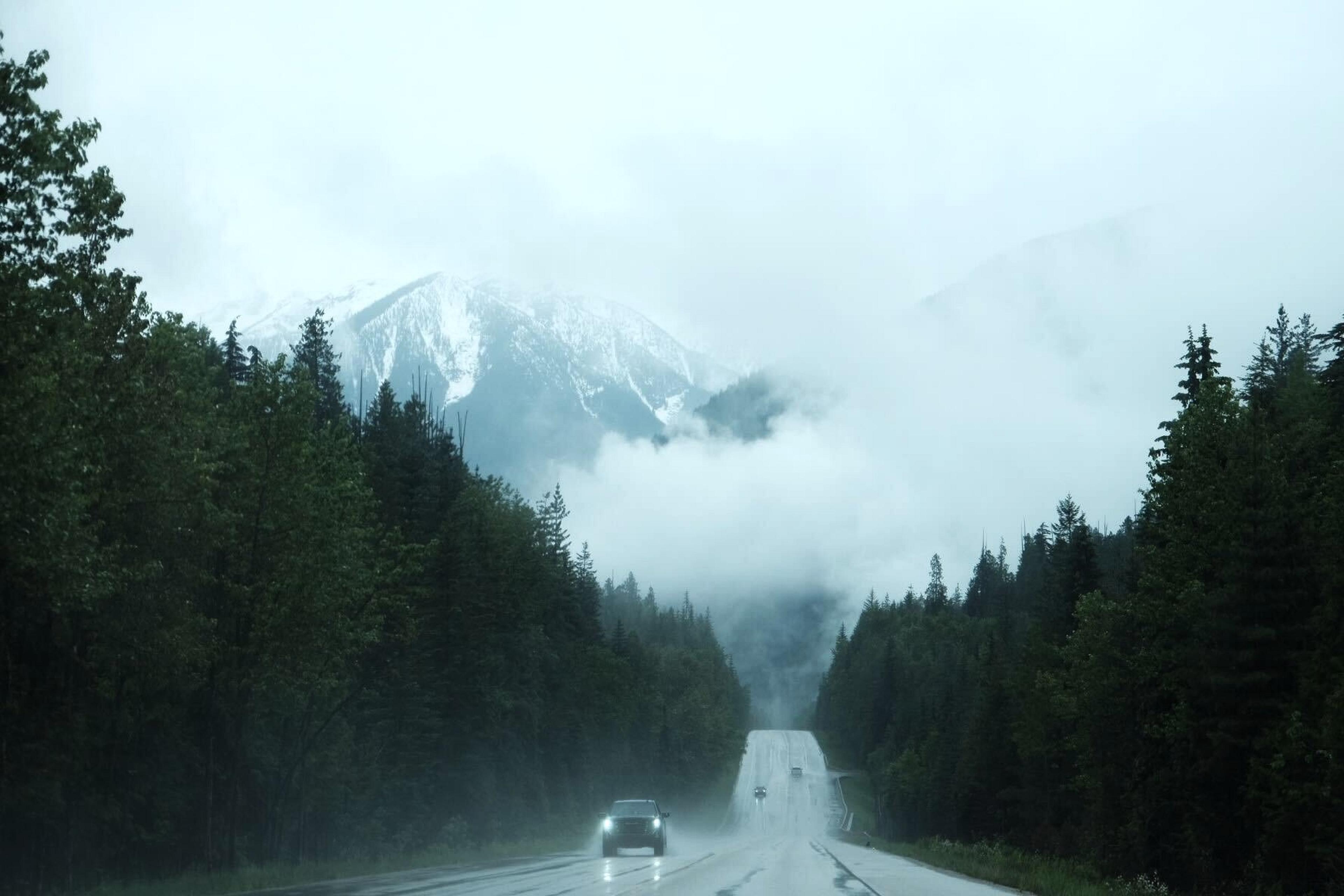 traffic on the road to Revelstoke surrounded by mountains, mist and pine trees