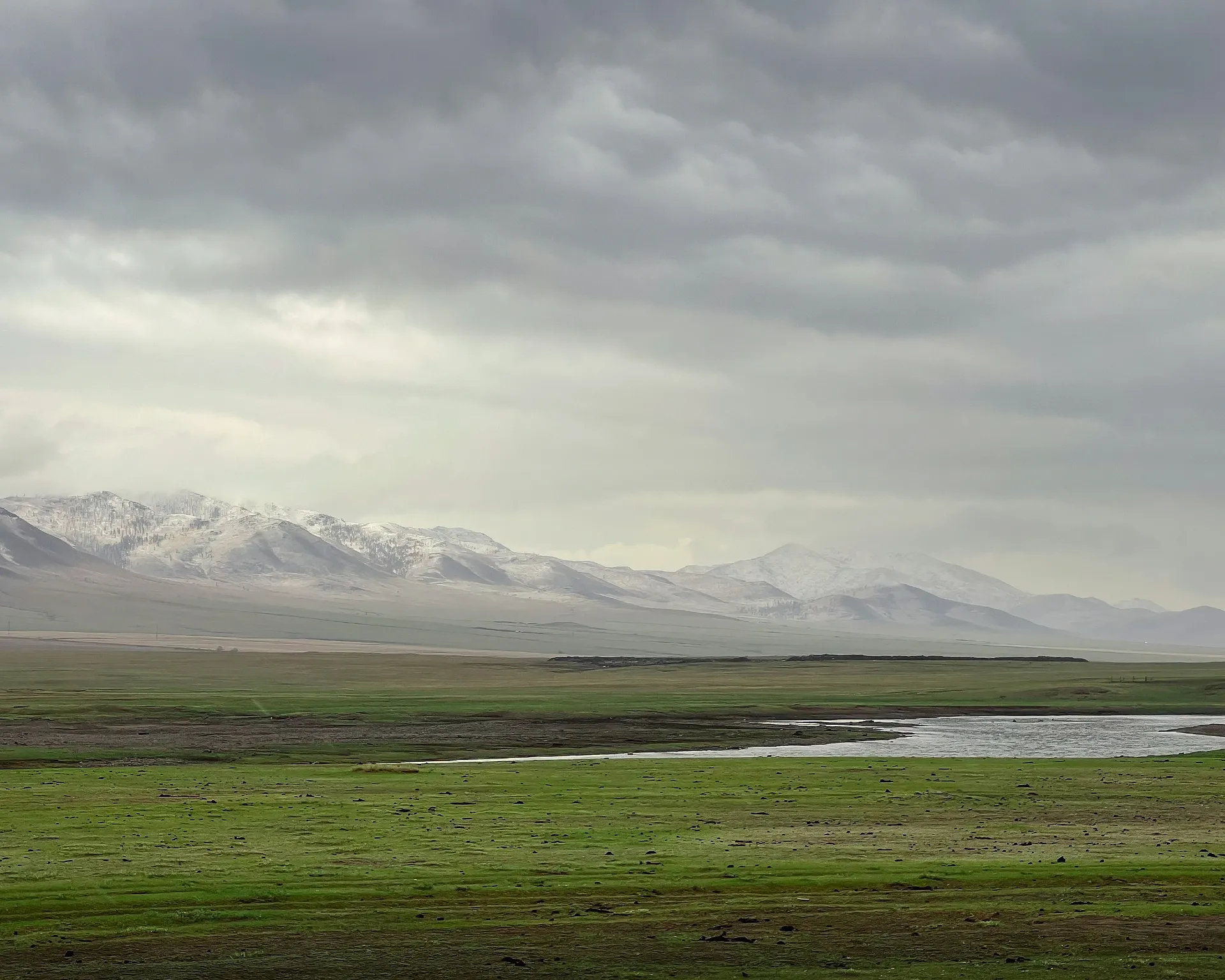 A serene view of Mongolia's vast grasslands stretches under a cloudy sky, with distant snow-capped mountains on the horizon.
