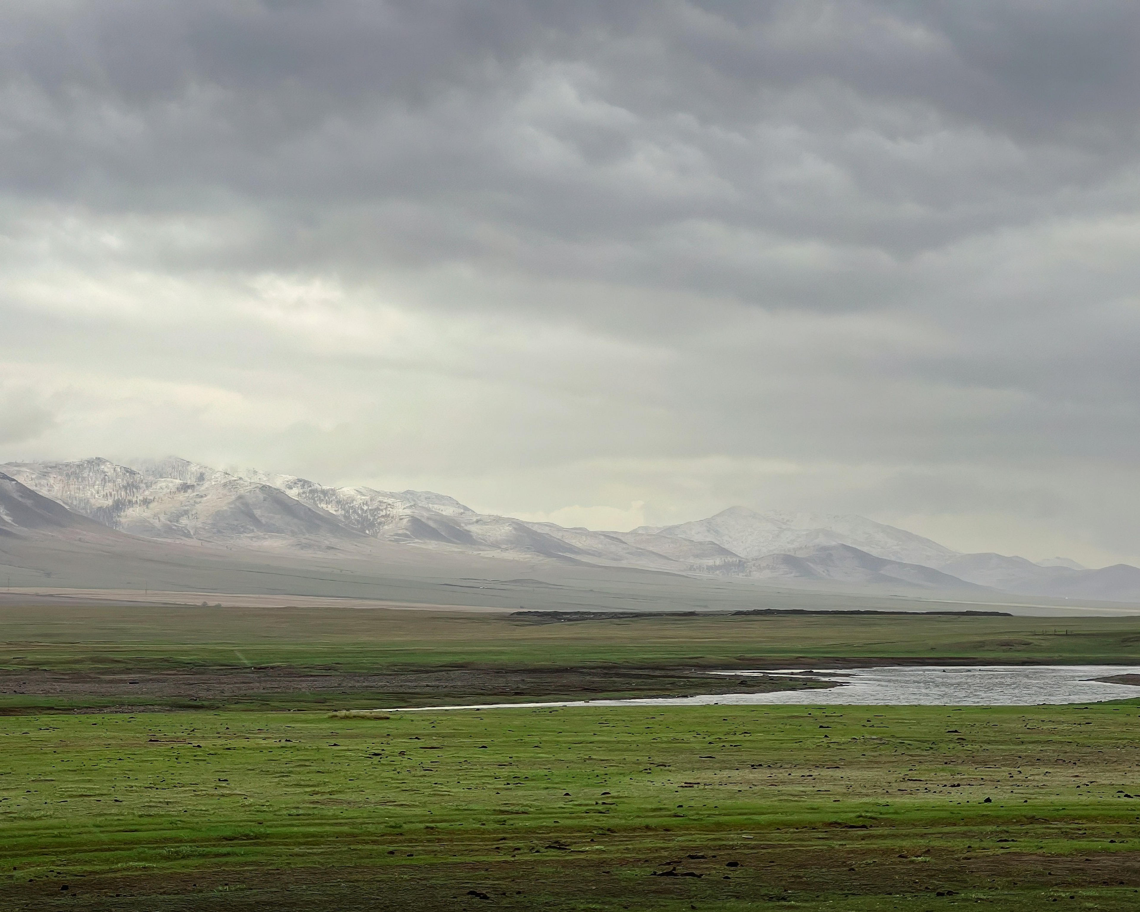 A serene view of Mongolia's vast grasslands stretches under a cloudy sky, with distant snow-capped mountains on the horizon.