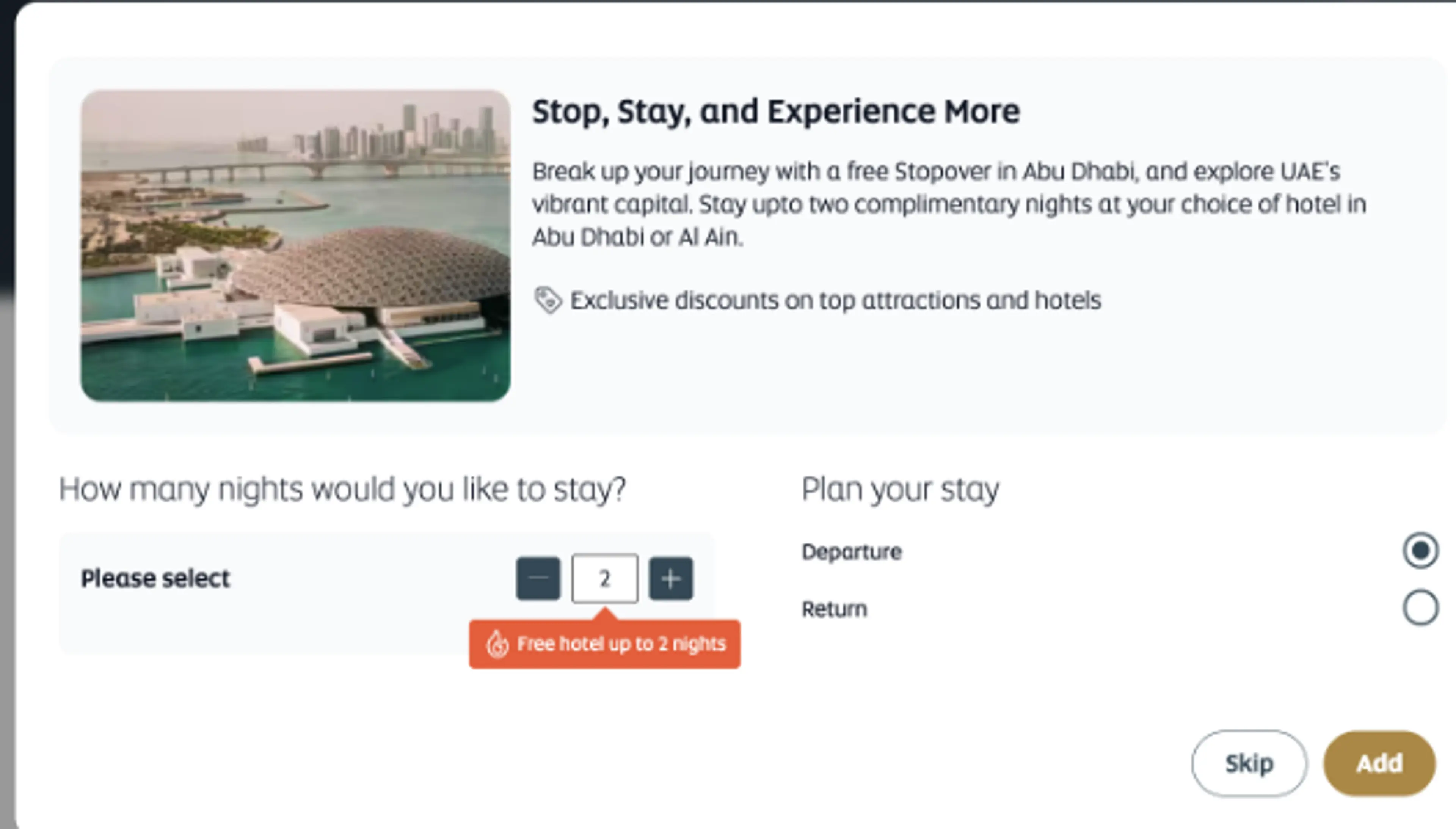 An advertisement for a complimentary stopover in Abu Dhabi, featuring the iconic Louvre Abu Dhabi museum.