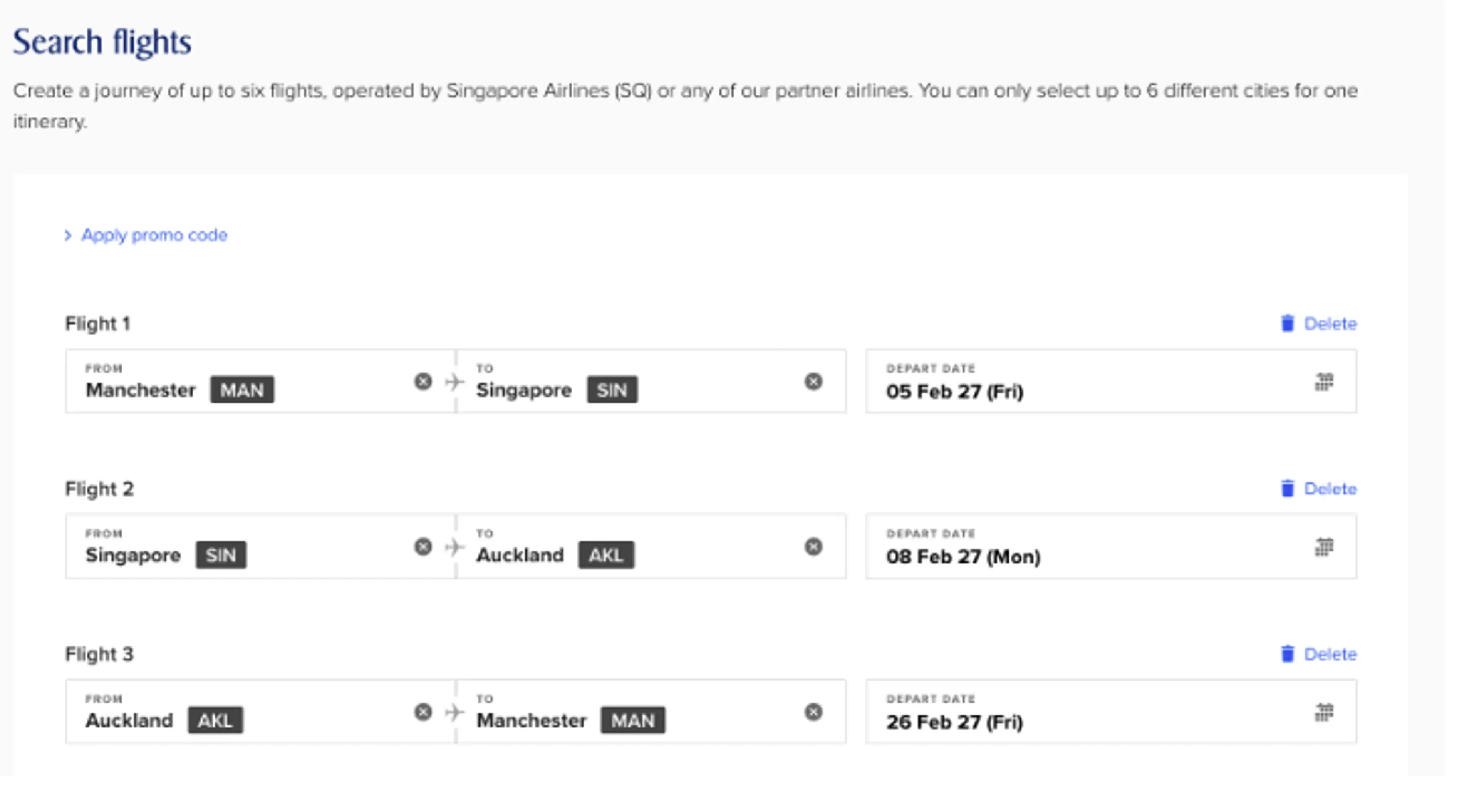 A flight itinerary for a multi-city journey includes Manchester, Singapore, and Auckland with scheduled departures in February 2027.