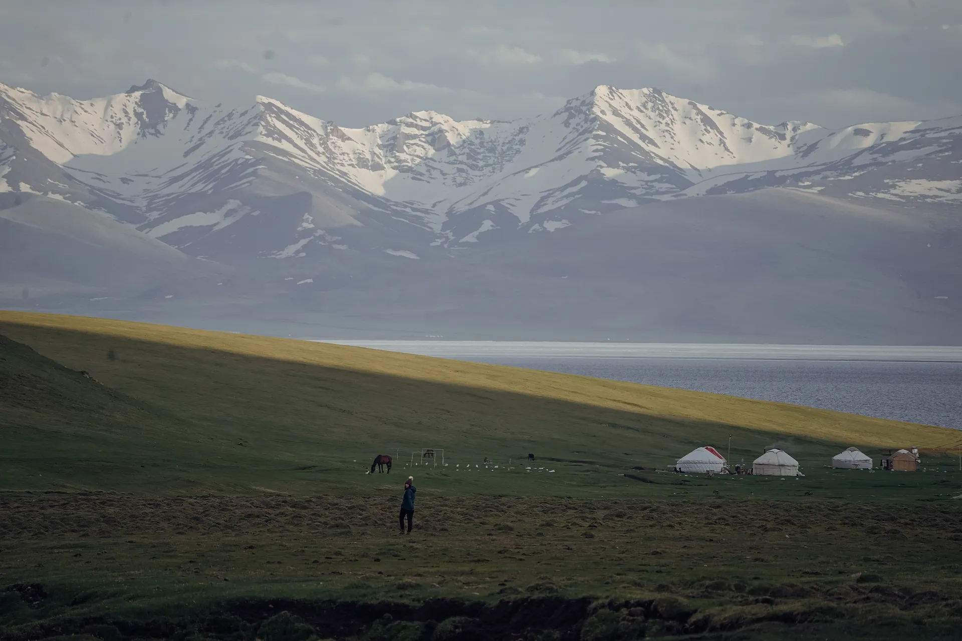 A serene landscape of yurts set against the backdrop of Kyrgyzstan's Son-Kul Lake and snow-capped mountains.
