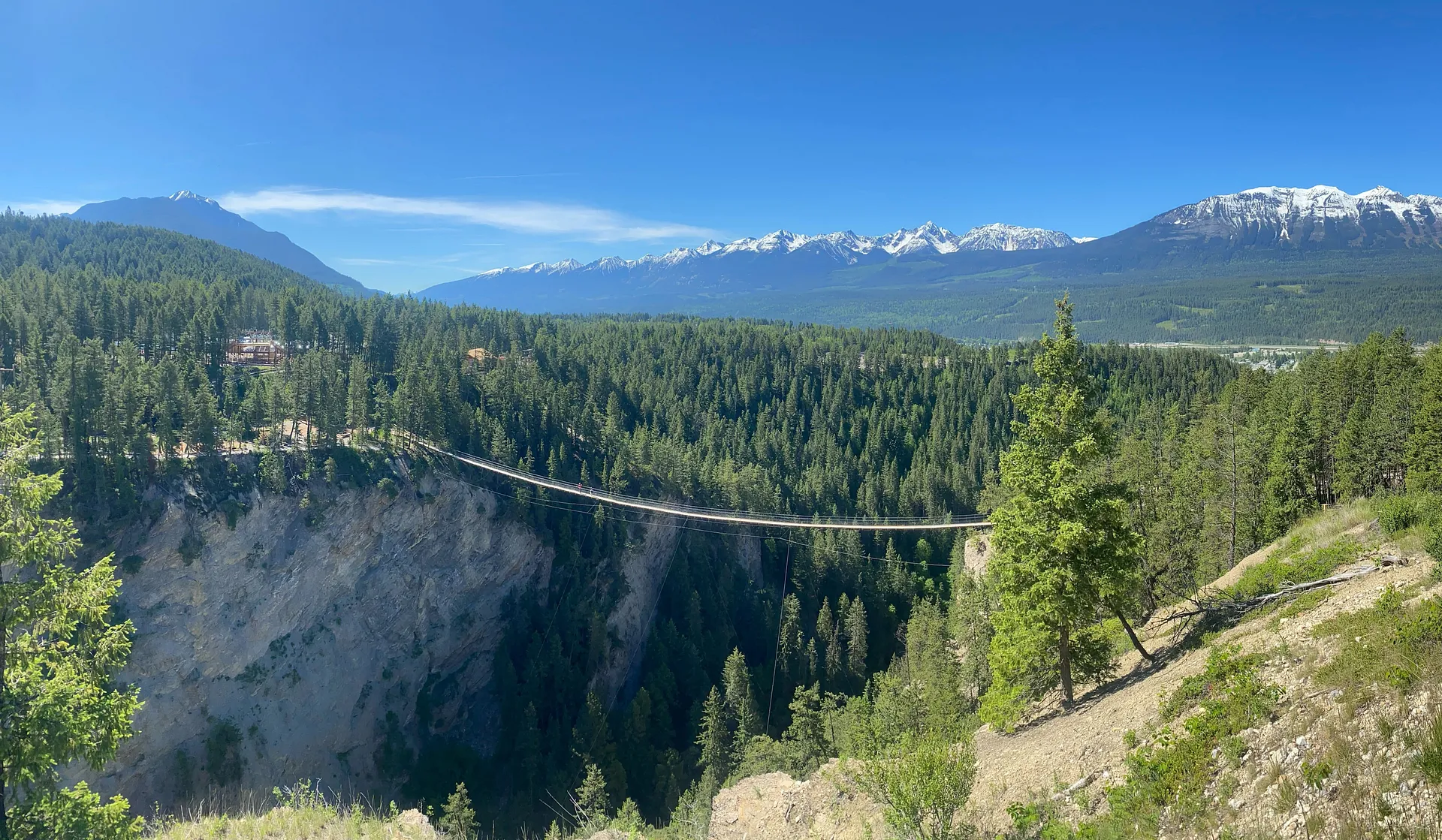 A suspension bridge hanging over the valley in the Rockies
