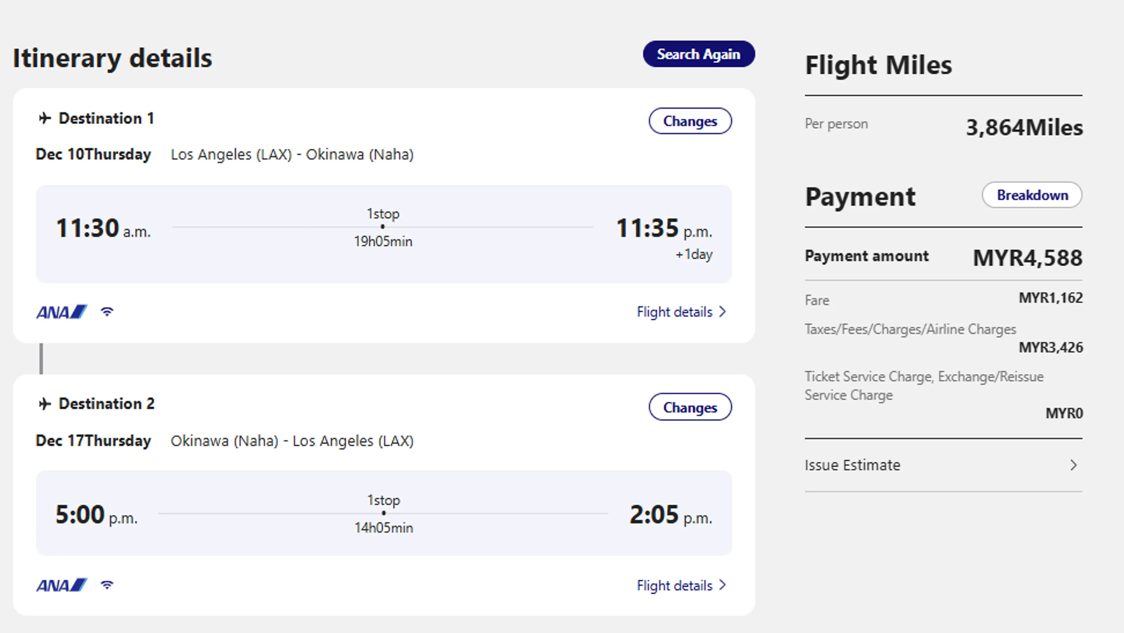 Flight itinerary details for a round trip from Los Angeles (LAX) to Okinawa (Naha) with specific departure and arrival times, including fare and flight miles.