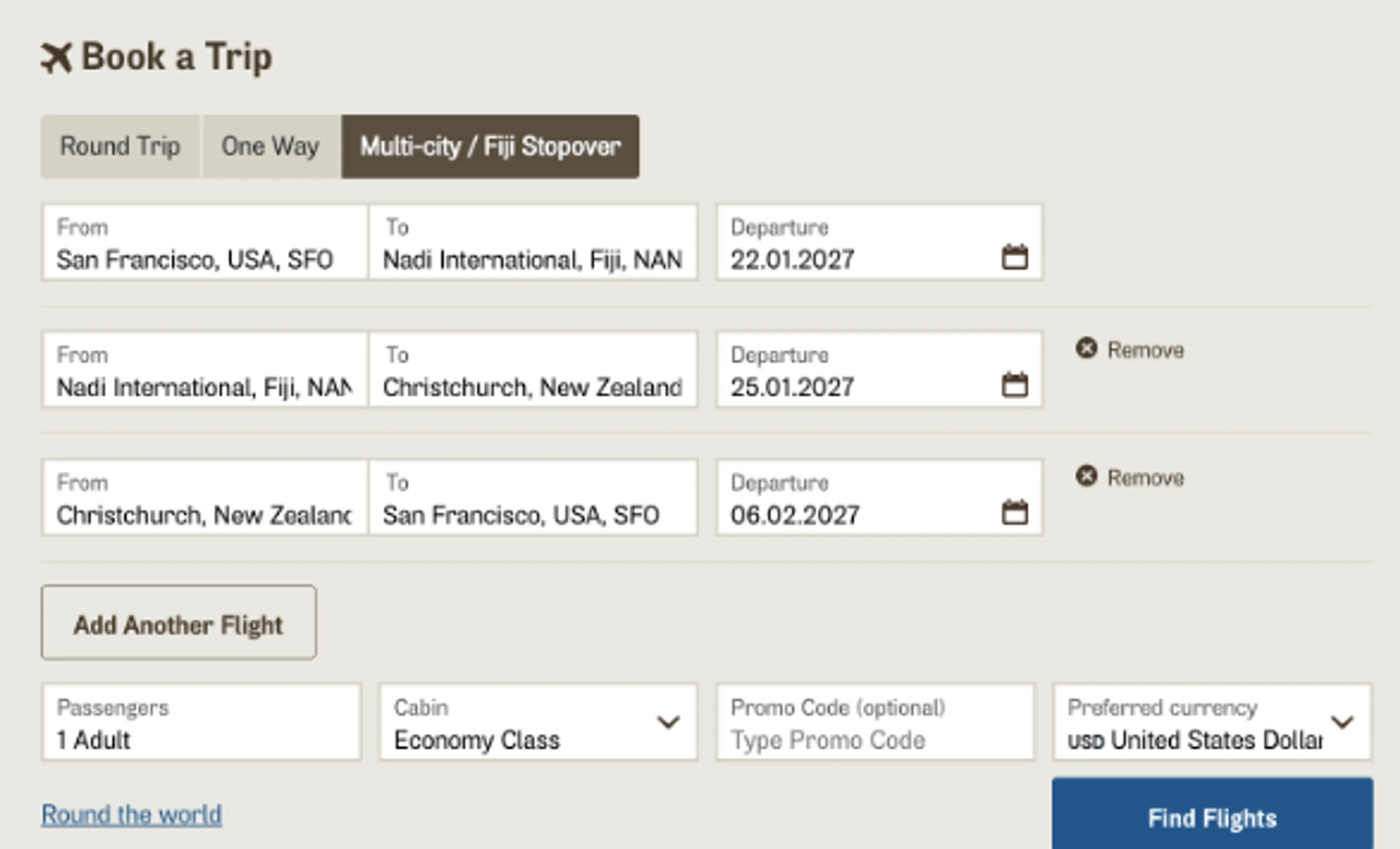 Flight booking for a multi-city trip with stops in San Francisco, Nadi, and Christchurch.