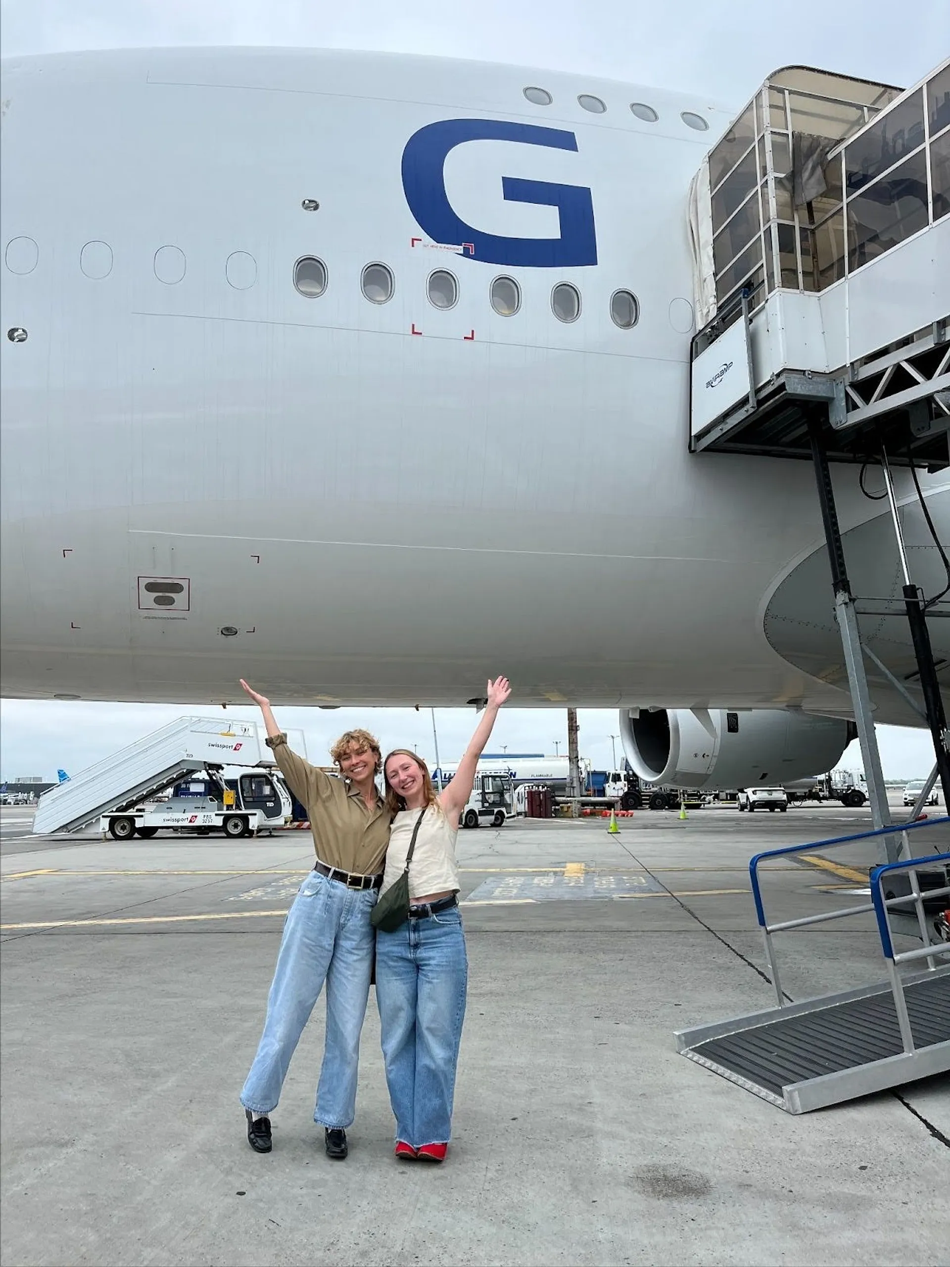 Lauren and Fran on the ground beside the Global Airlines A380