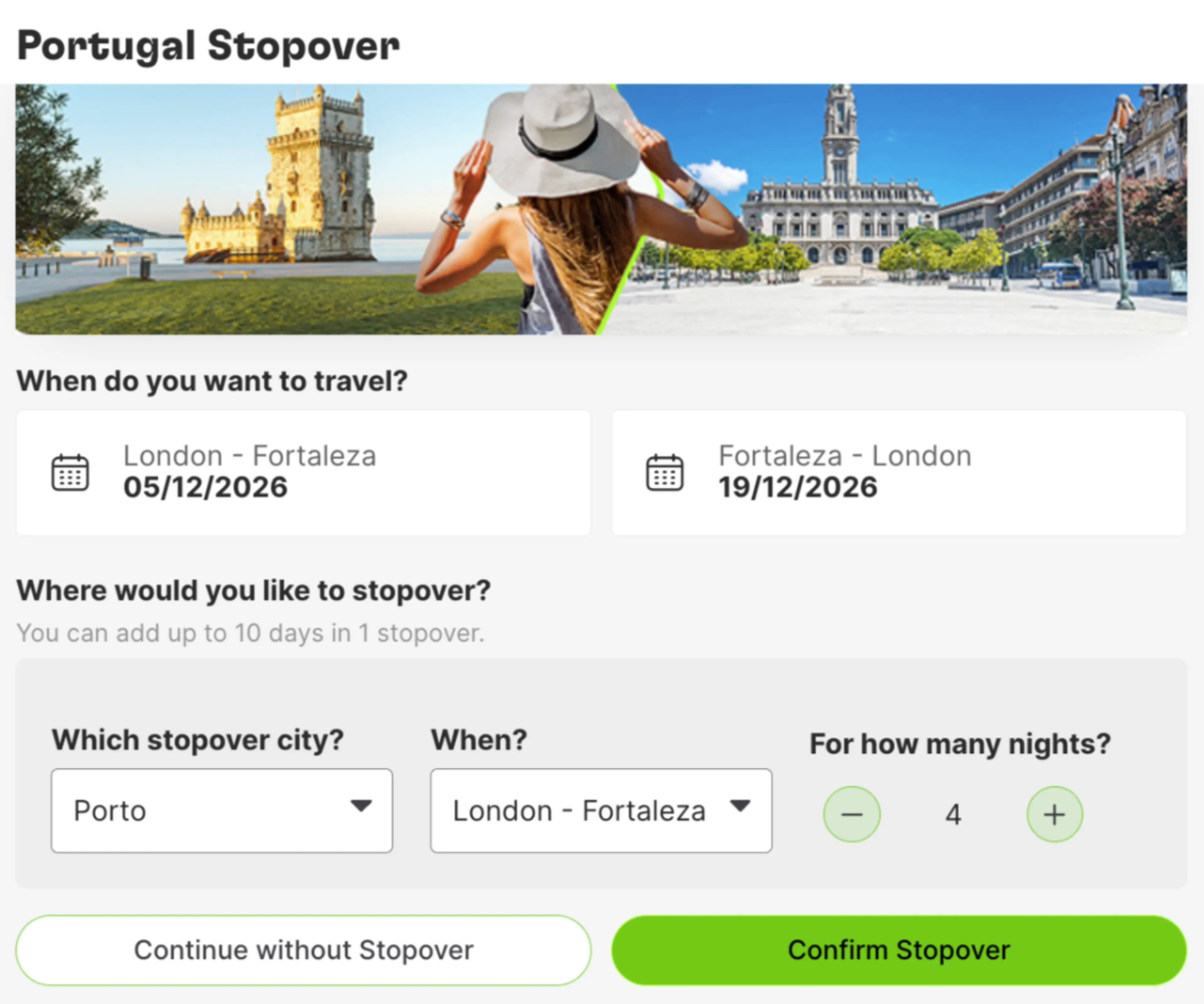 A travel booking interface features Portugal's Torre de Belém in Lisbon and Porto City Hall as potential stopover highlights.