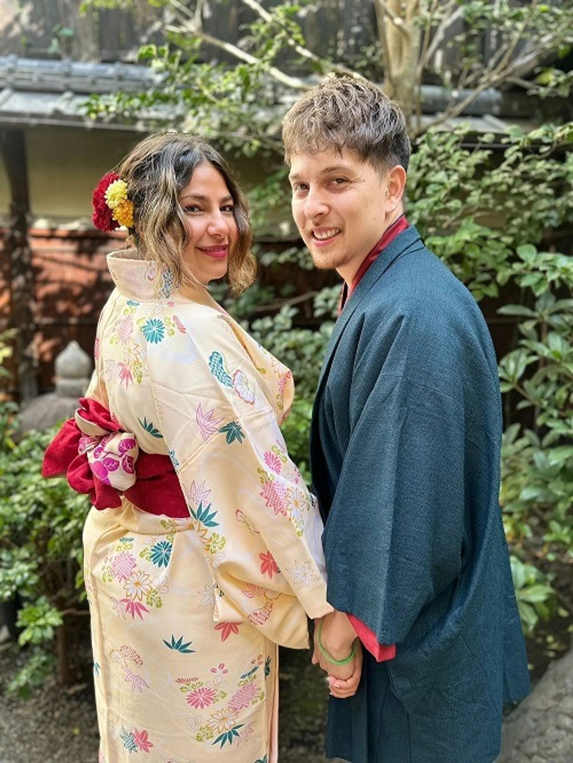 Ian and his fiancé wearing kimonos