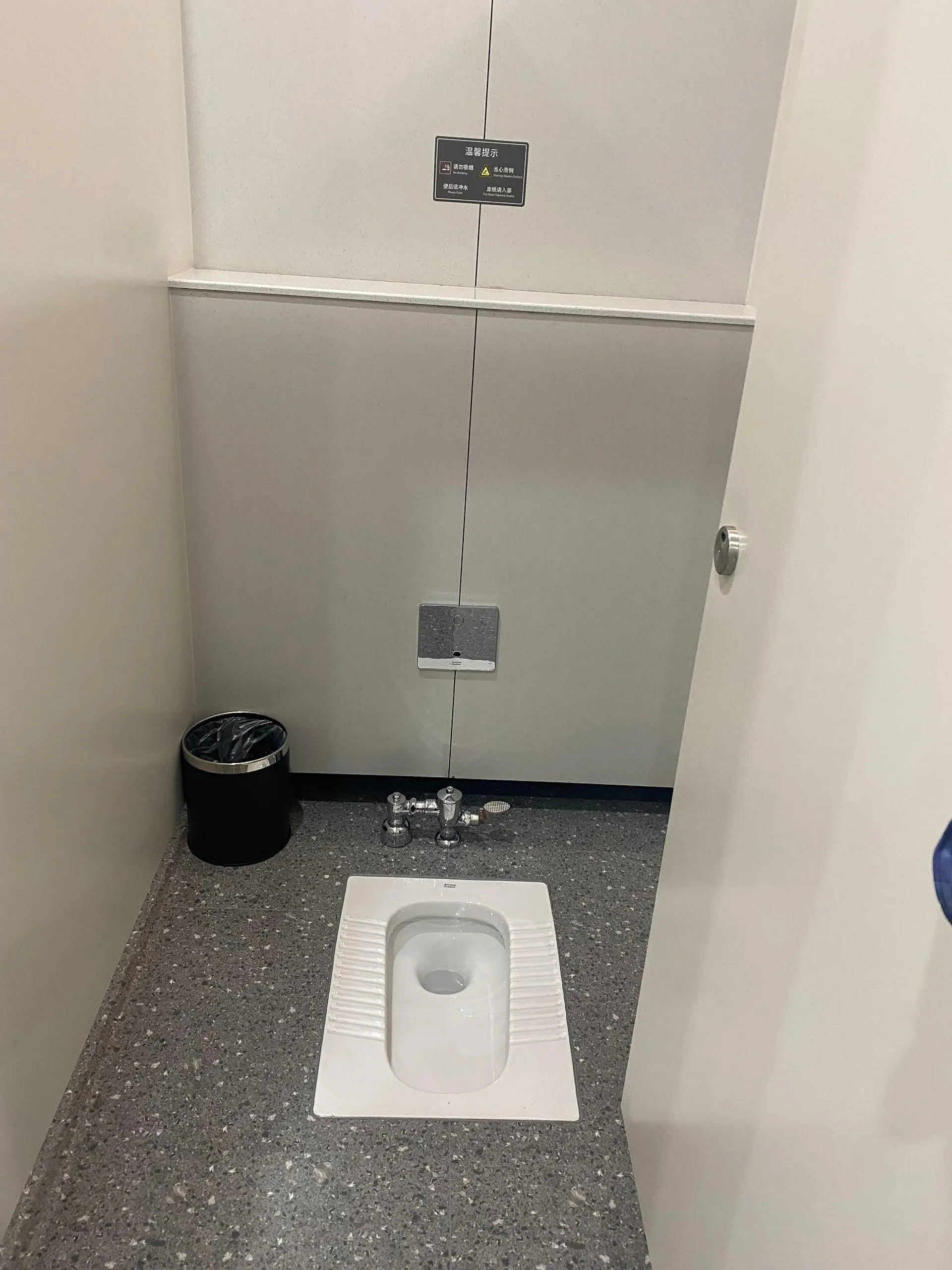A squat toilet in a restroom with Chinese signage, possibly located in an Asian facility or airport.