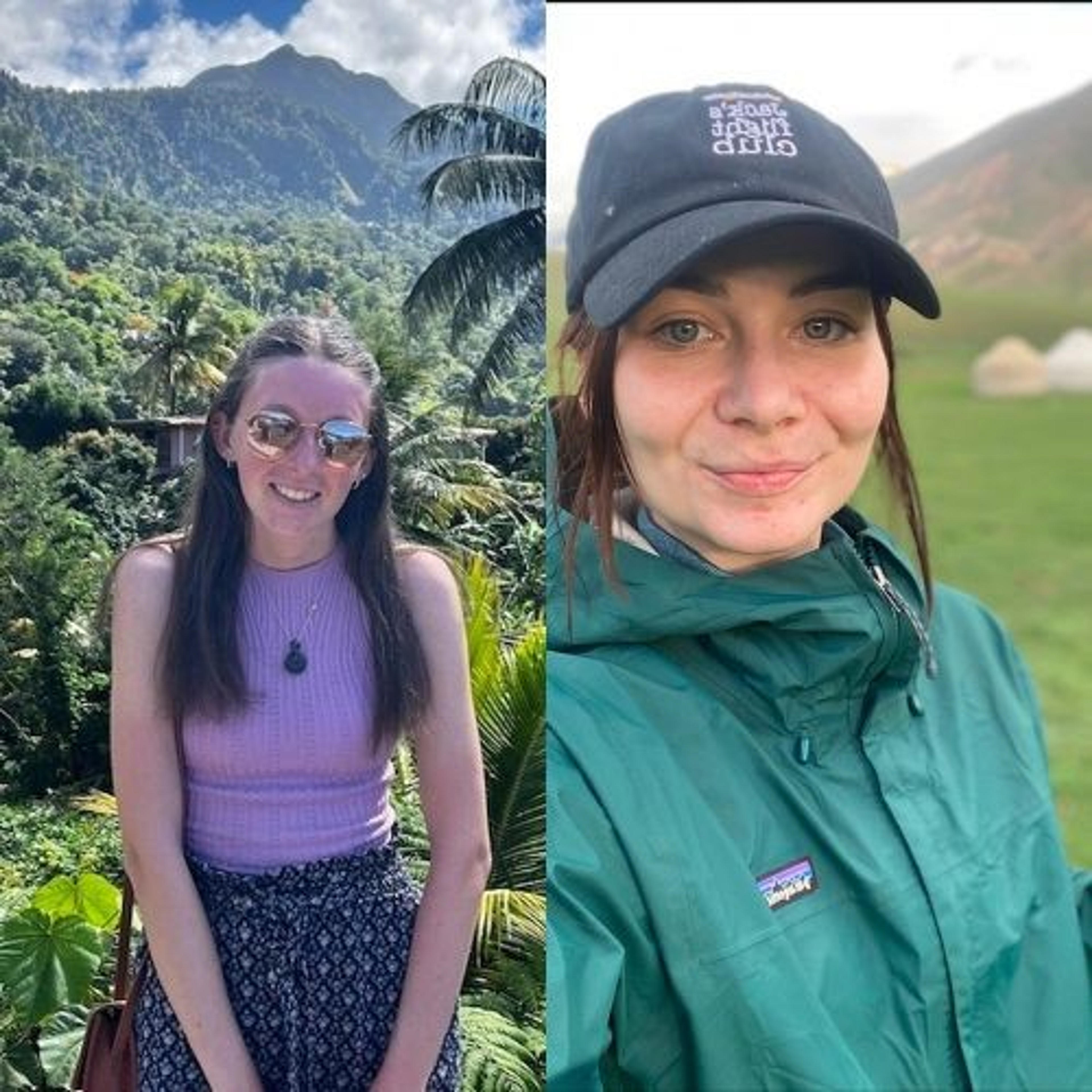 A woman enjoys a sunny day surrounded by tropical foliage near the mountainous landscapes of Monteverde, Costa Rica, while another captures a moment in a lush, open field possibly in the Scottish Highlands.