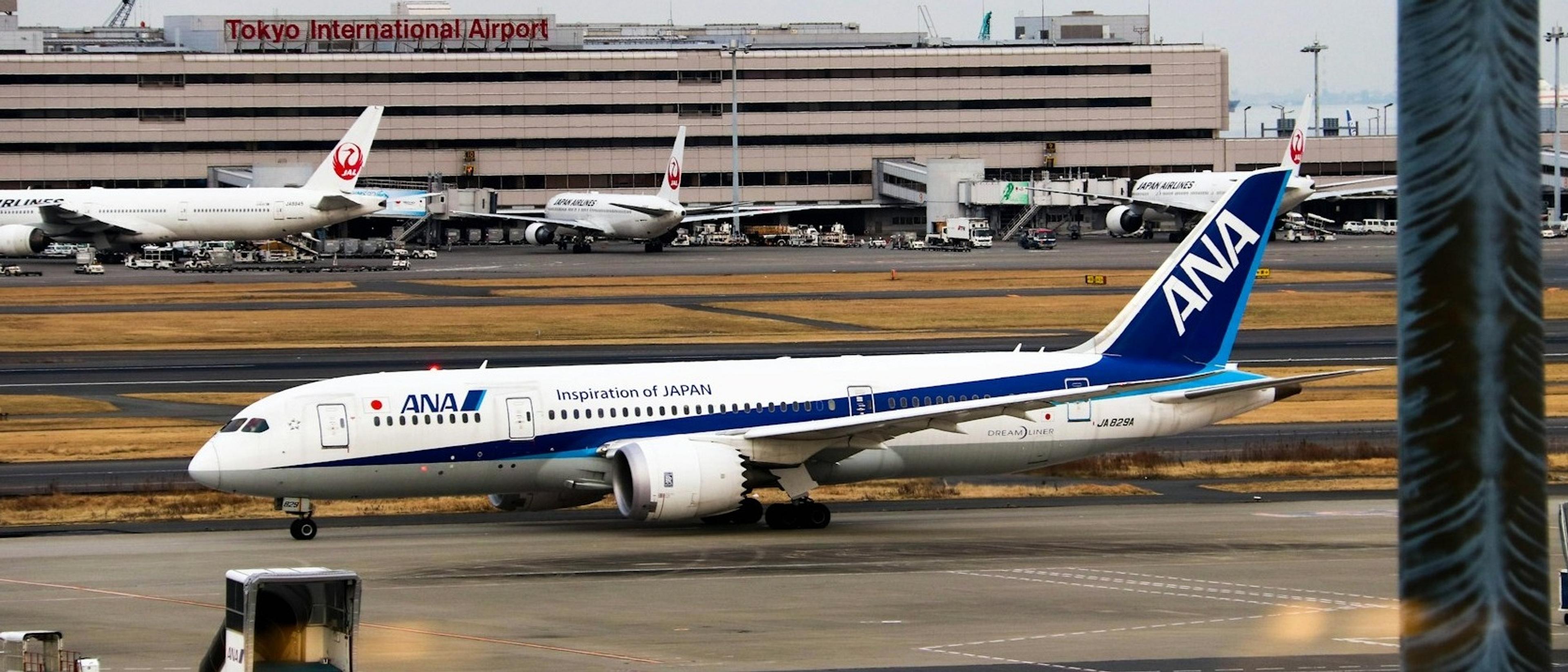 An ANA airplane taxis on the runway at Tokyo International Airport, with Japan Airlines aircraft and the terminal in the background.