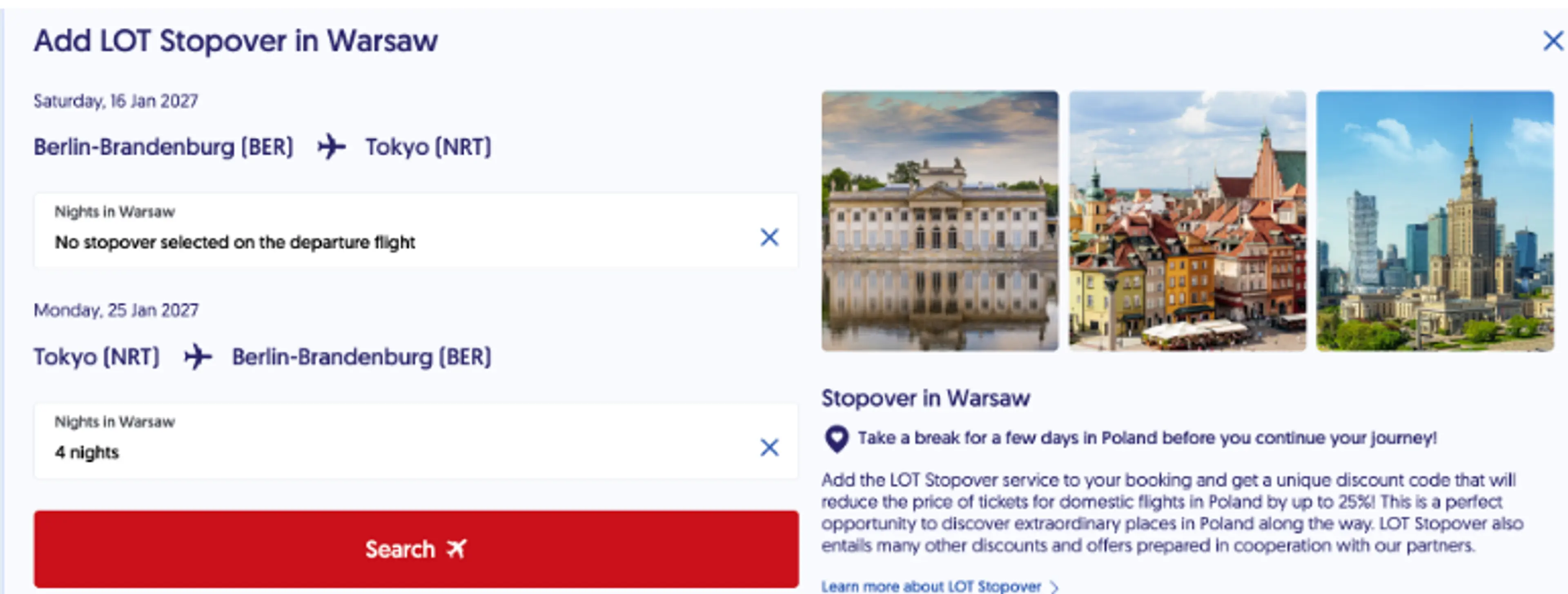 An advertisement promotes adding a LOT stopover in Warsaw, featuring visuals of notable landmarks like the Royal Castle and Palace of Culture and Science.