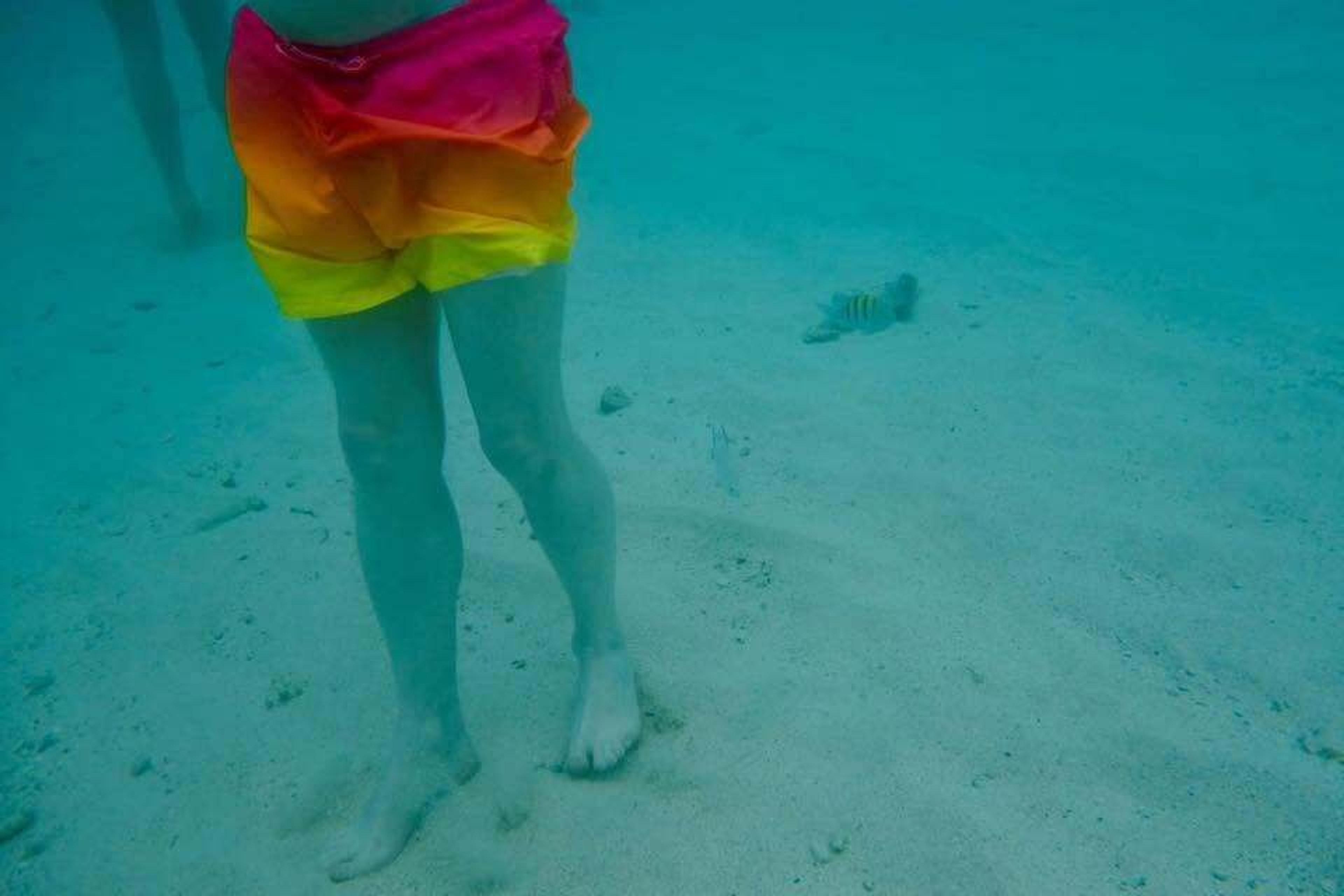 A person wearing colorful swim trunks wades through the shallow, clear waters of a tropical beach, possibly in the Caribbean.