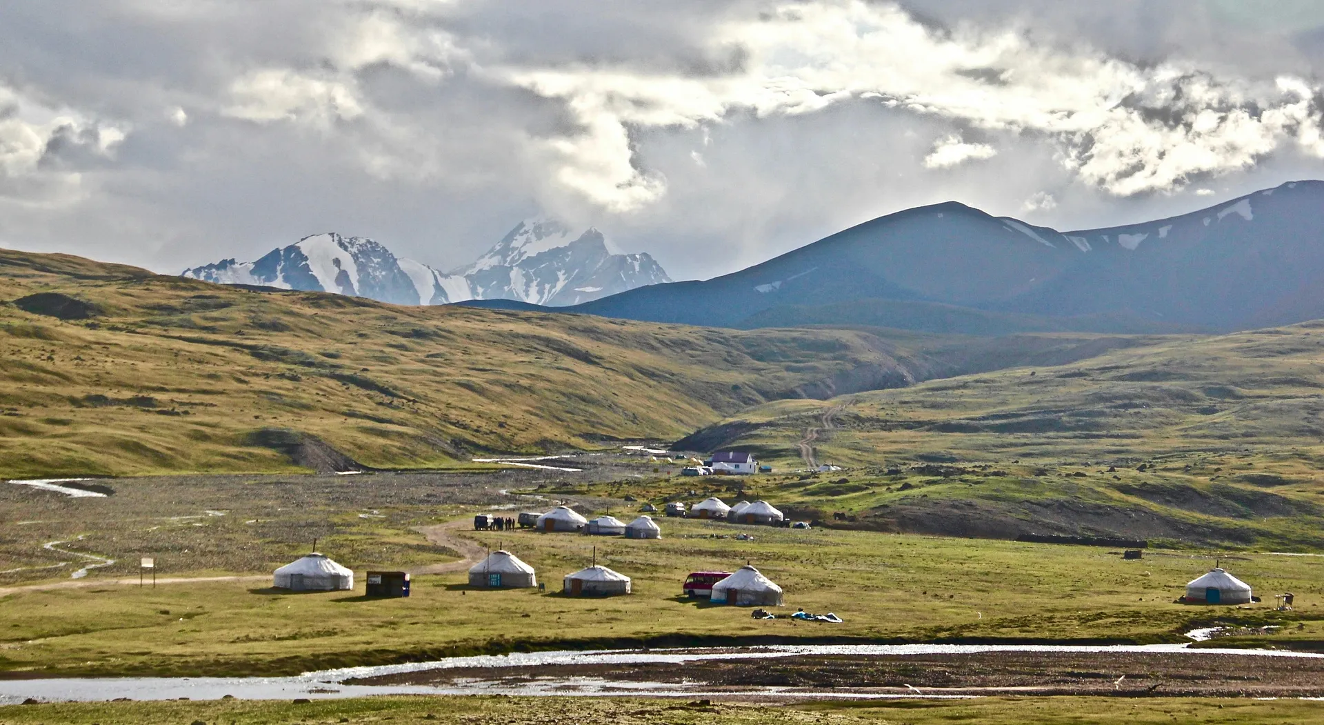 A cluster of yurts nestled in the Altai Mountains in Mongolia.