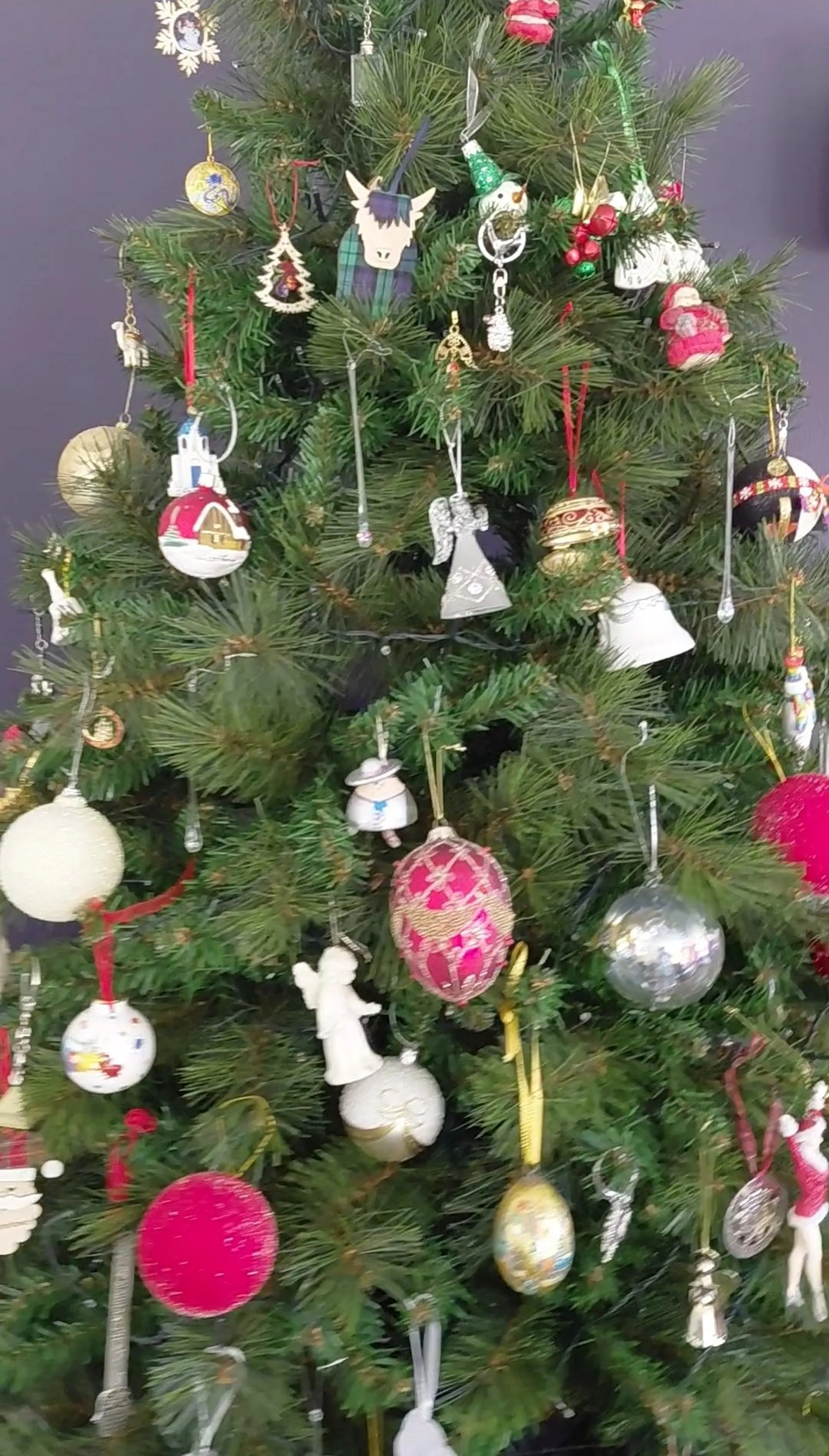 A Christmas tree adorned with diverse ornaments stands in a festive setting