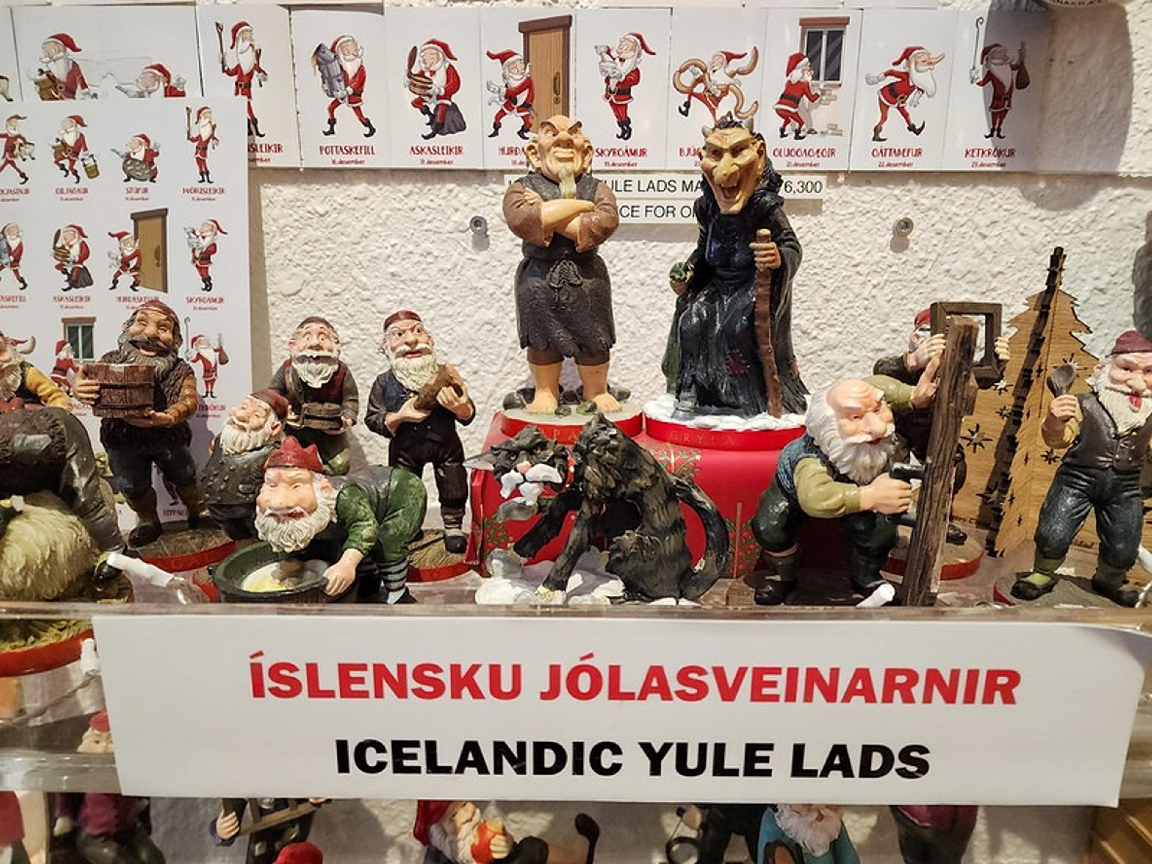 A display of whimsical figurines representing Icelandic Yule Lads is seen in a shop in Iceland.