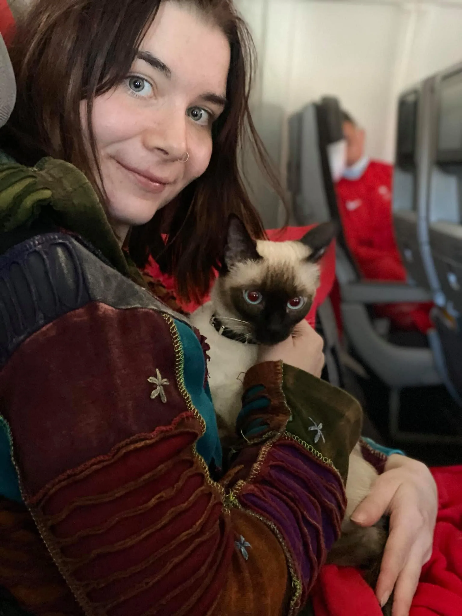 A person with a colorful jacket cuddles a Siamese cat on an airplane.