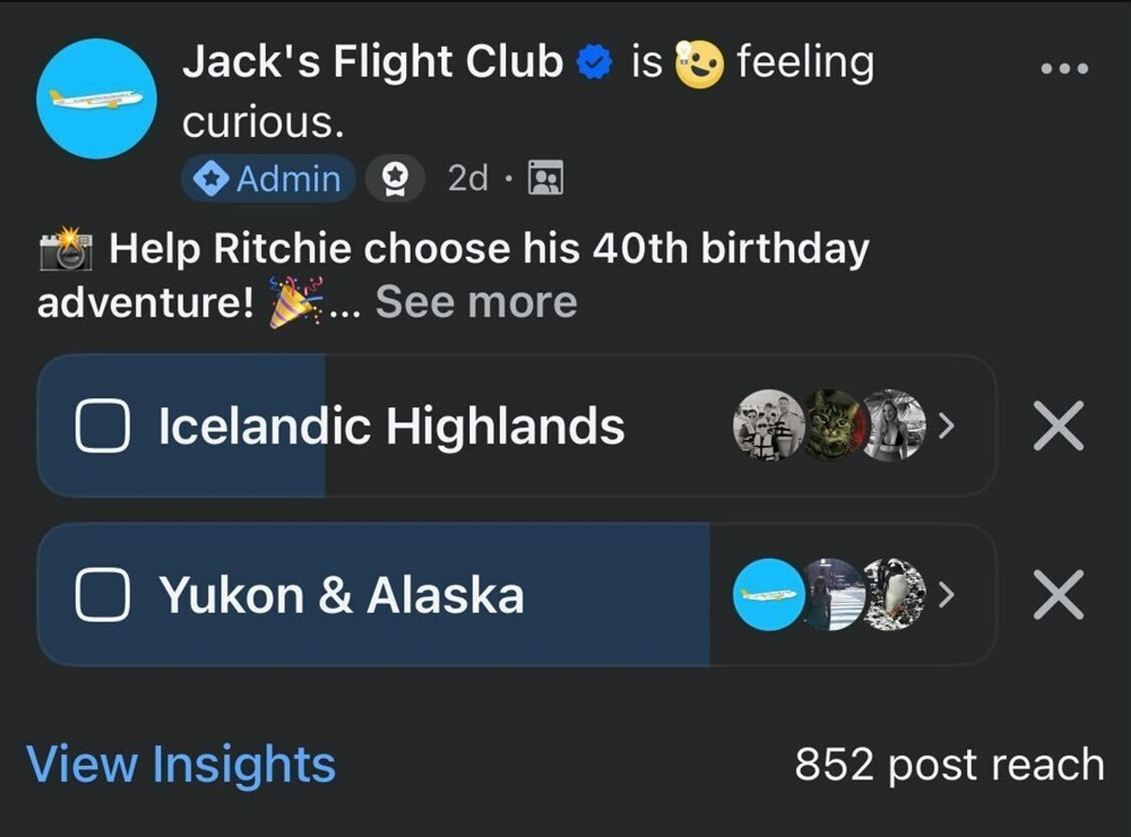 A Facebook poll by Jack's Flight Club invites users to help choose a 40th birthday adventure between the Icelandic Highlands and Yukon & Alaska.
