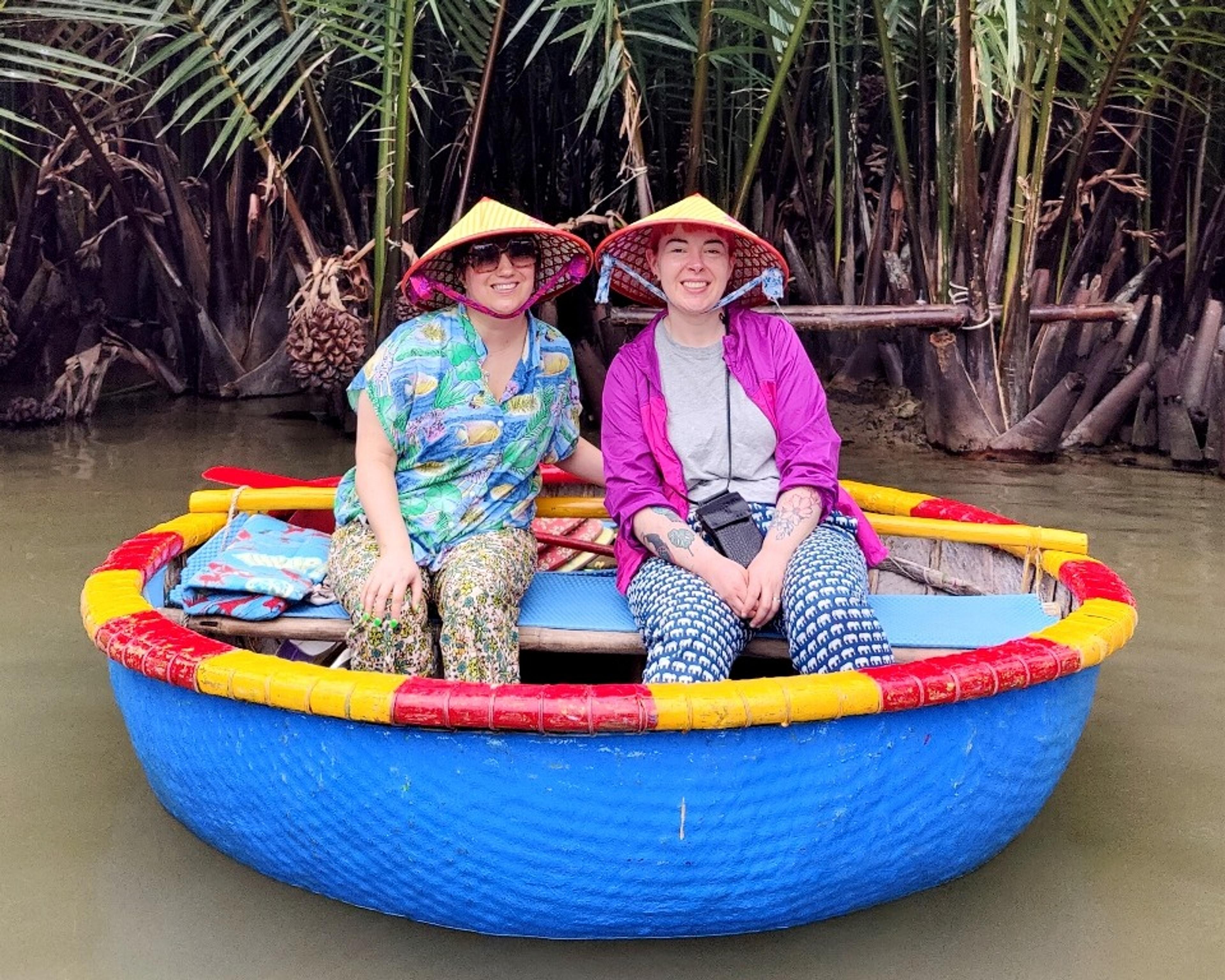 Rachel and Katy in a basket boat
