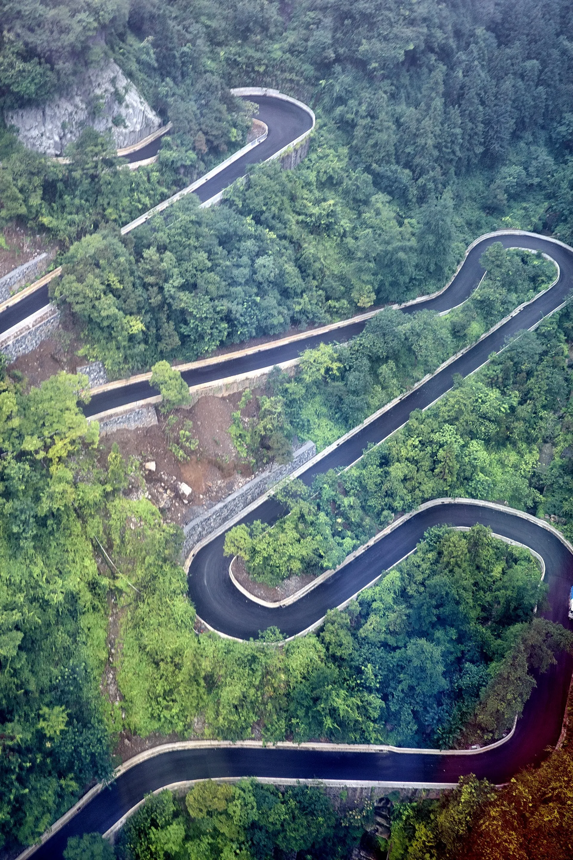 A winding road weaves through lush greenery in the mountainous region of Zhangjiajie, China.
