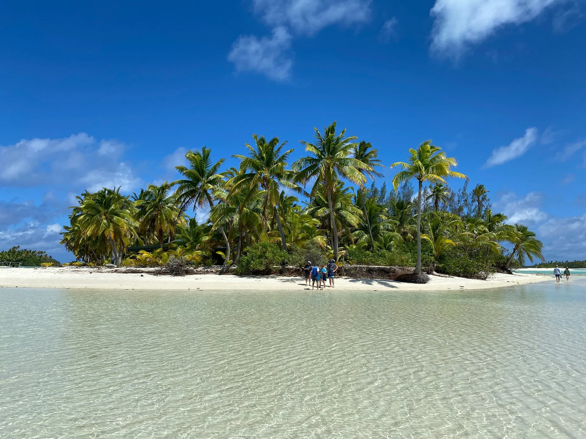 Aitutaki Lagoon in the Cook Islands showcases a pristine beach with crystal clear waters and lush palm trees under a bright blue sky.